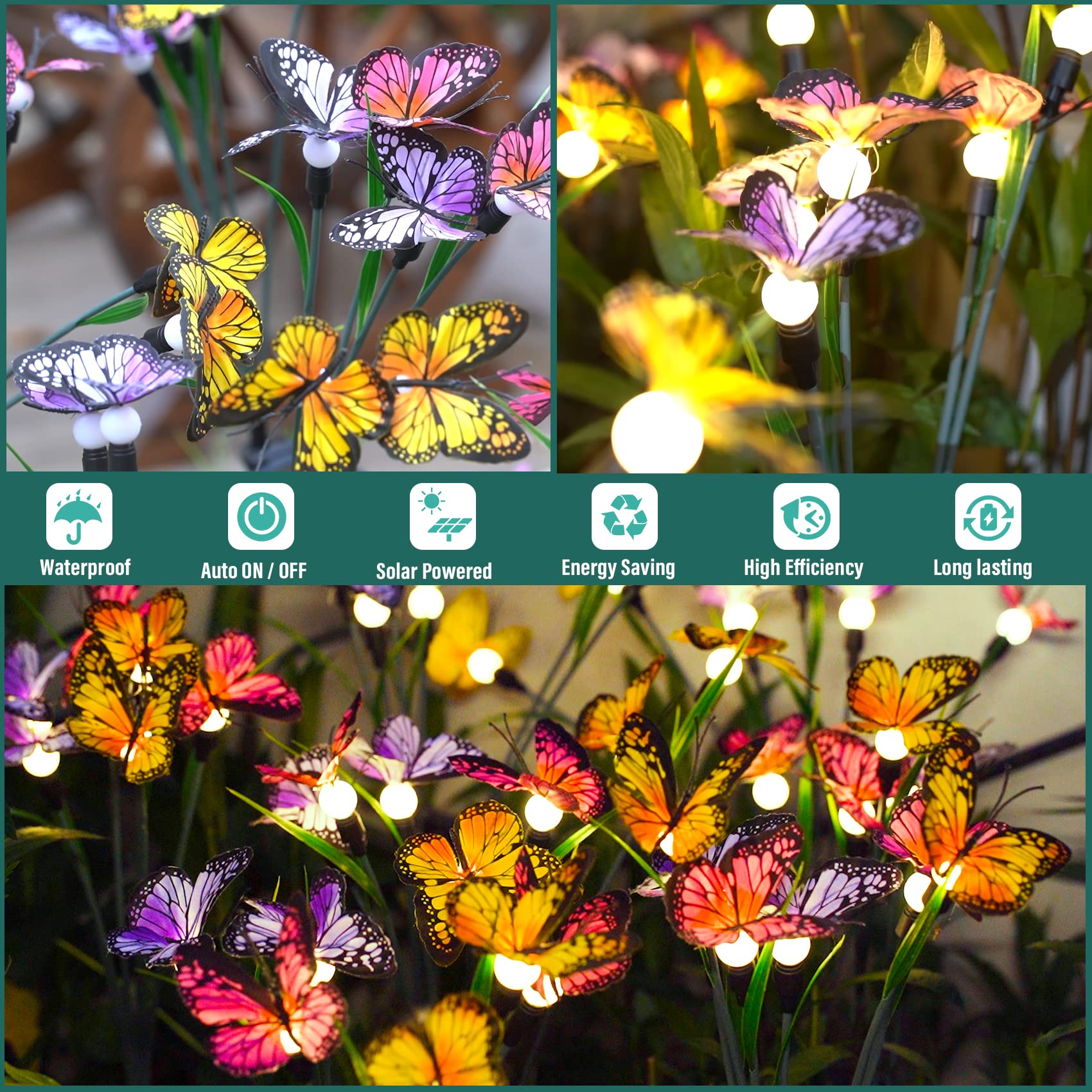 TONULAX Solar Garden Lights - Swaying Butterfly, 2 Pack, Multicolor, Flexible Iron Wire, Outdoor Yard Decoration