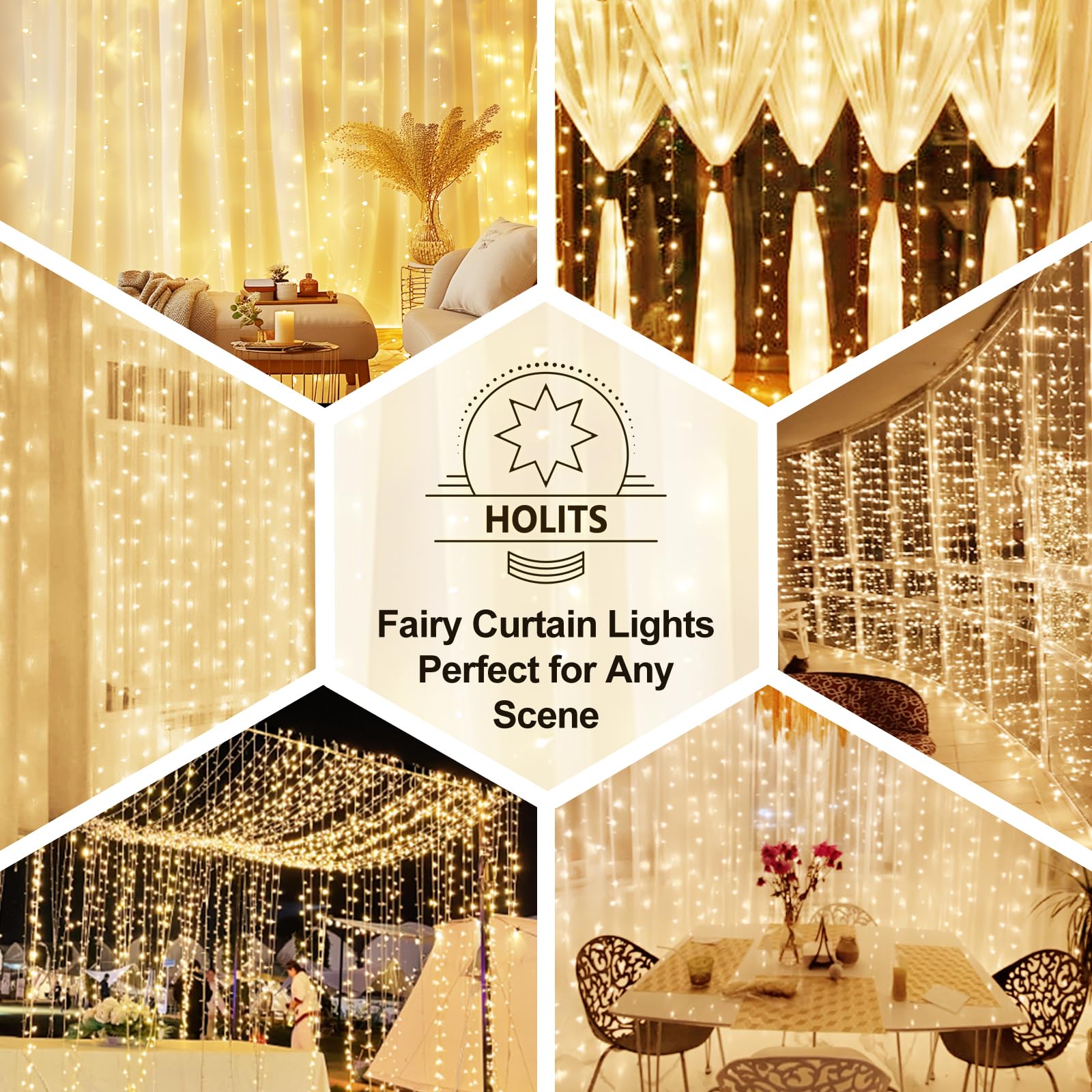 HOLITS 2 Pack 300 LED Fairy Curtain Lights, 9.8x9.8FT Warm White, USB Plug, 8 Modes, Ideal for Christmas, Weddings, Indoor/Outdoor Decor