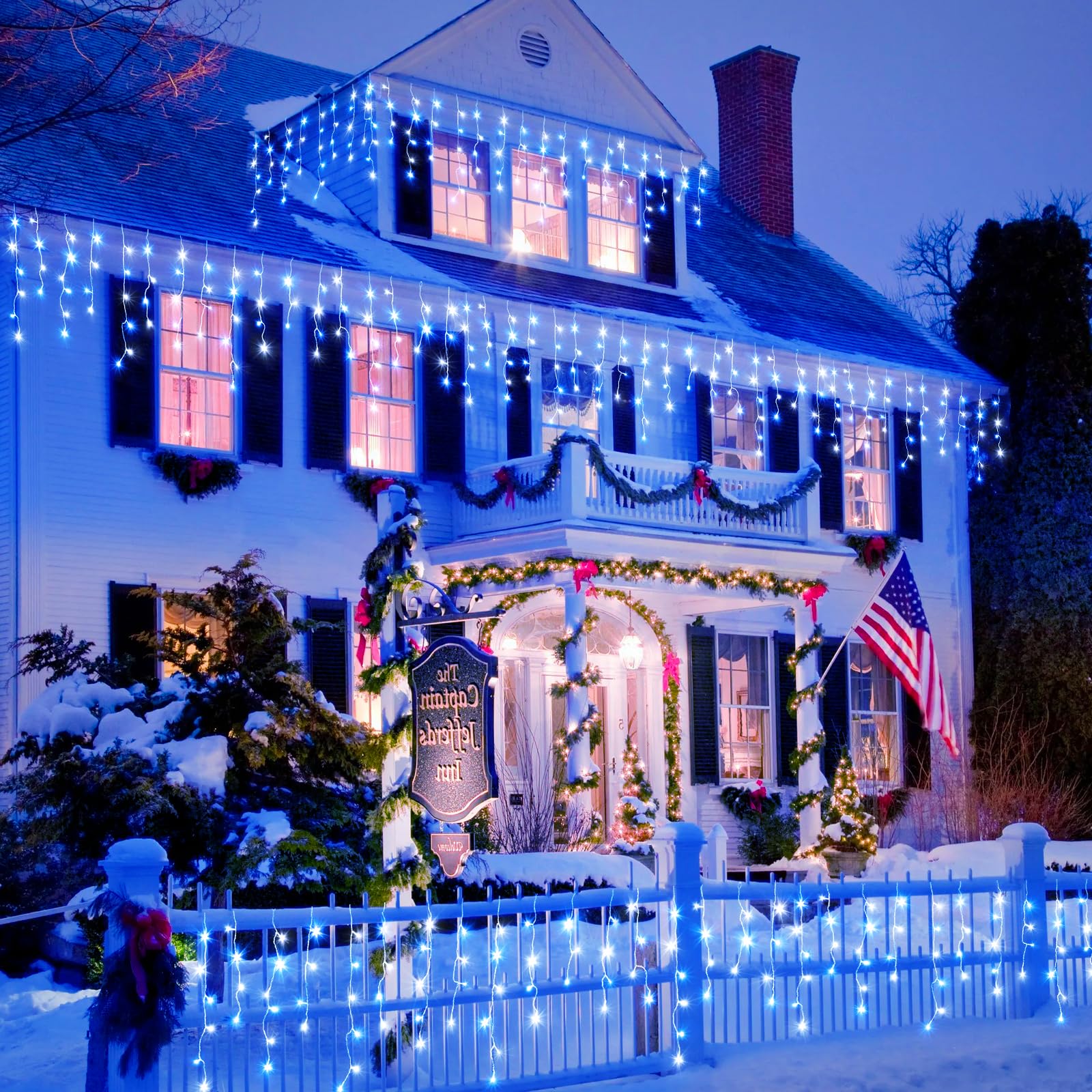 Einiiya Icicle Christmas Lights Outdoor, 400 LED, 33ft, Blue & White, 8 Modes, Waterproof, Model BG-CL3M3-306L01