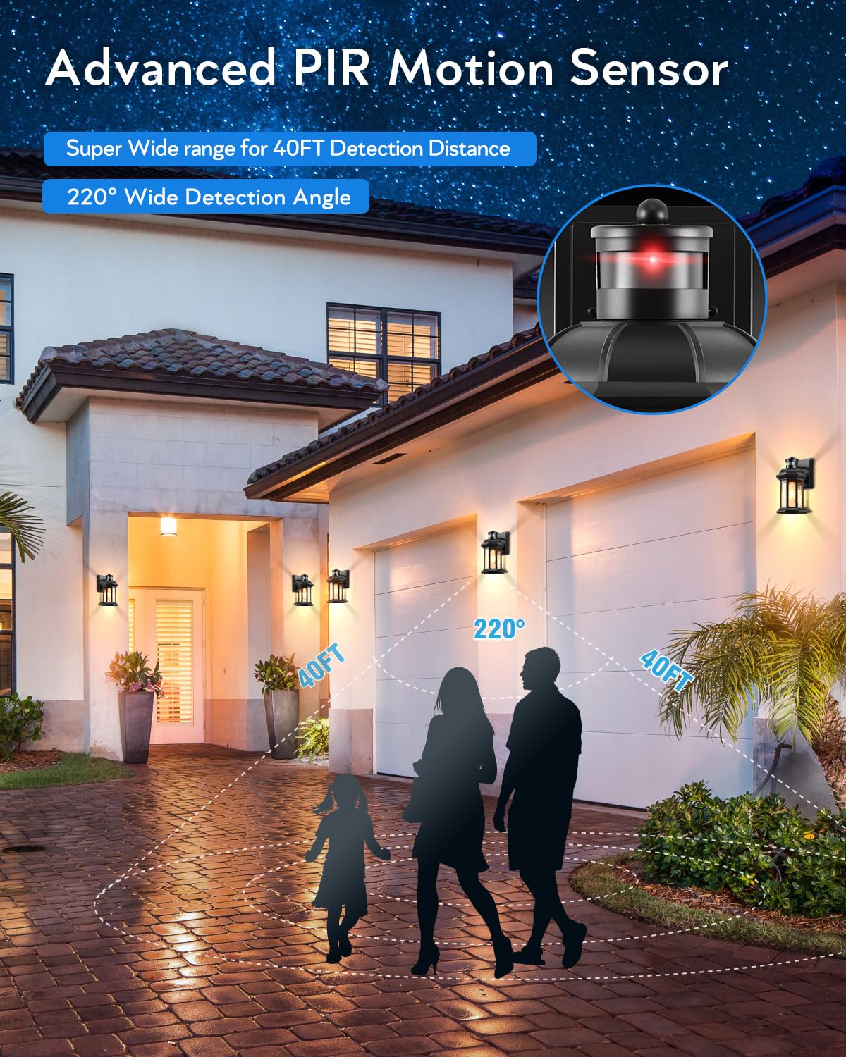 VIANIS Motion Sensor Outdoor Porch Light, Black Aluminum Waterproof Wall Lantern, Model V81101, 1-Pack