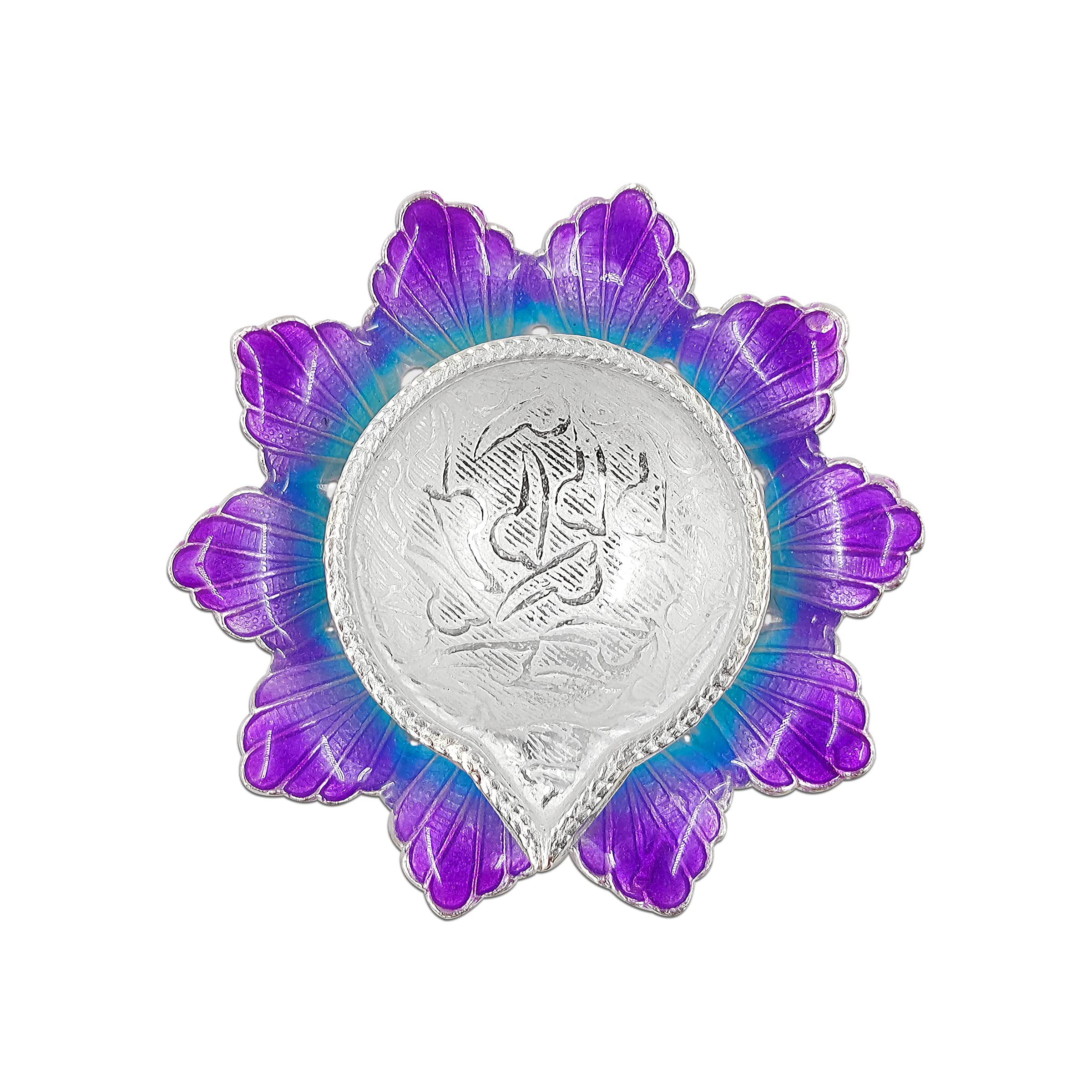MAA SILVER Diya/Lamp/Deepak with Bluish Purple Flower Shape Base Perfect for Gift and Pooja Purpose (20 Grams Silver)