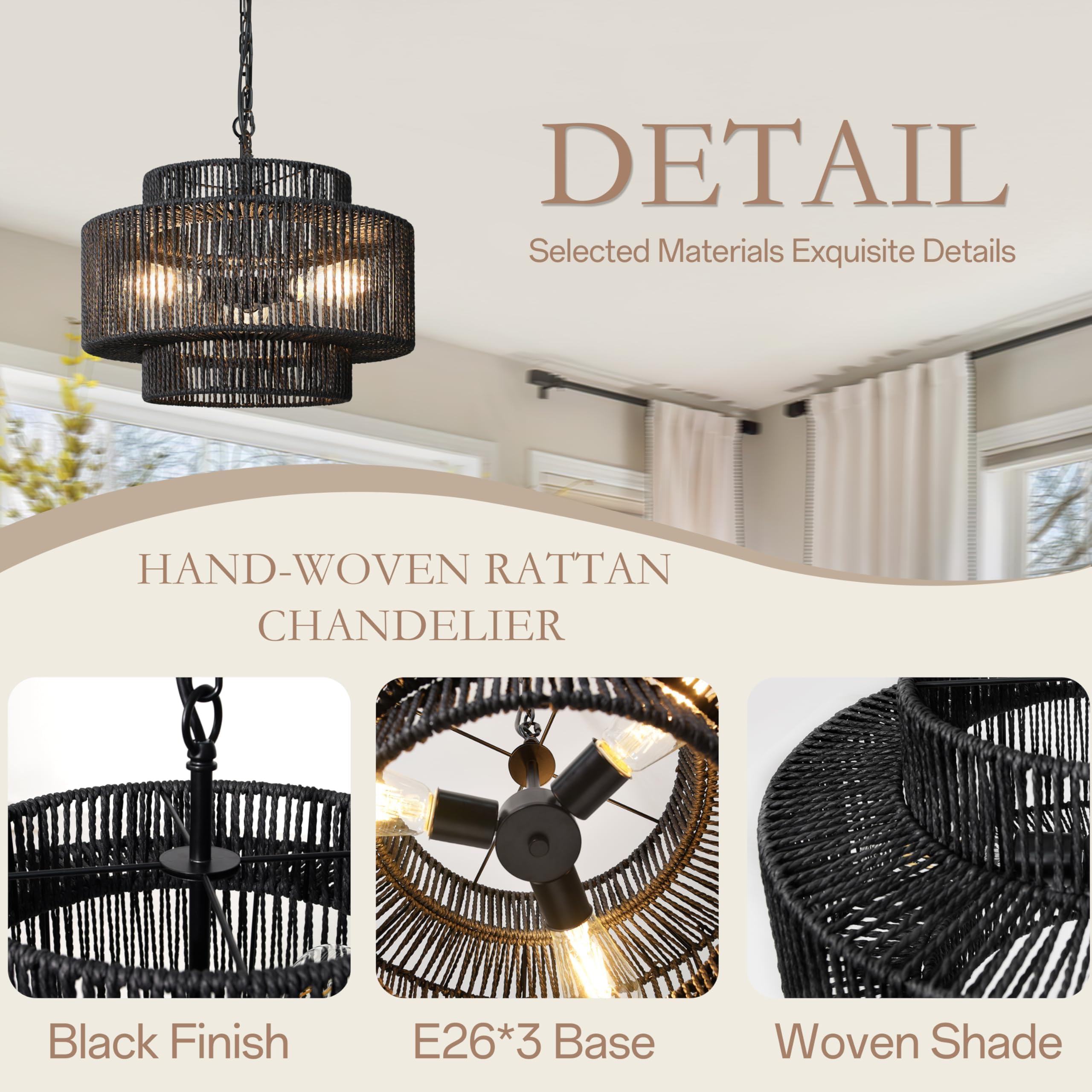 Bagood 18'' Rattan Pendant Light Black Hand-Woven Rattan Chandelier 3-Light Woven Pendant Light 3-Tier Wicker Pendant Light Rust