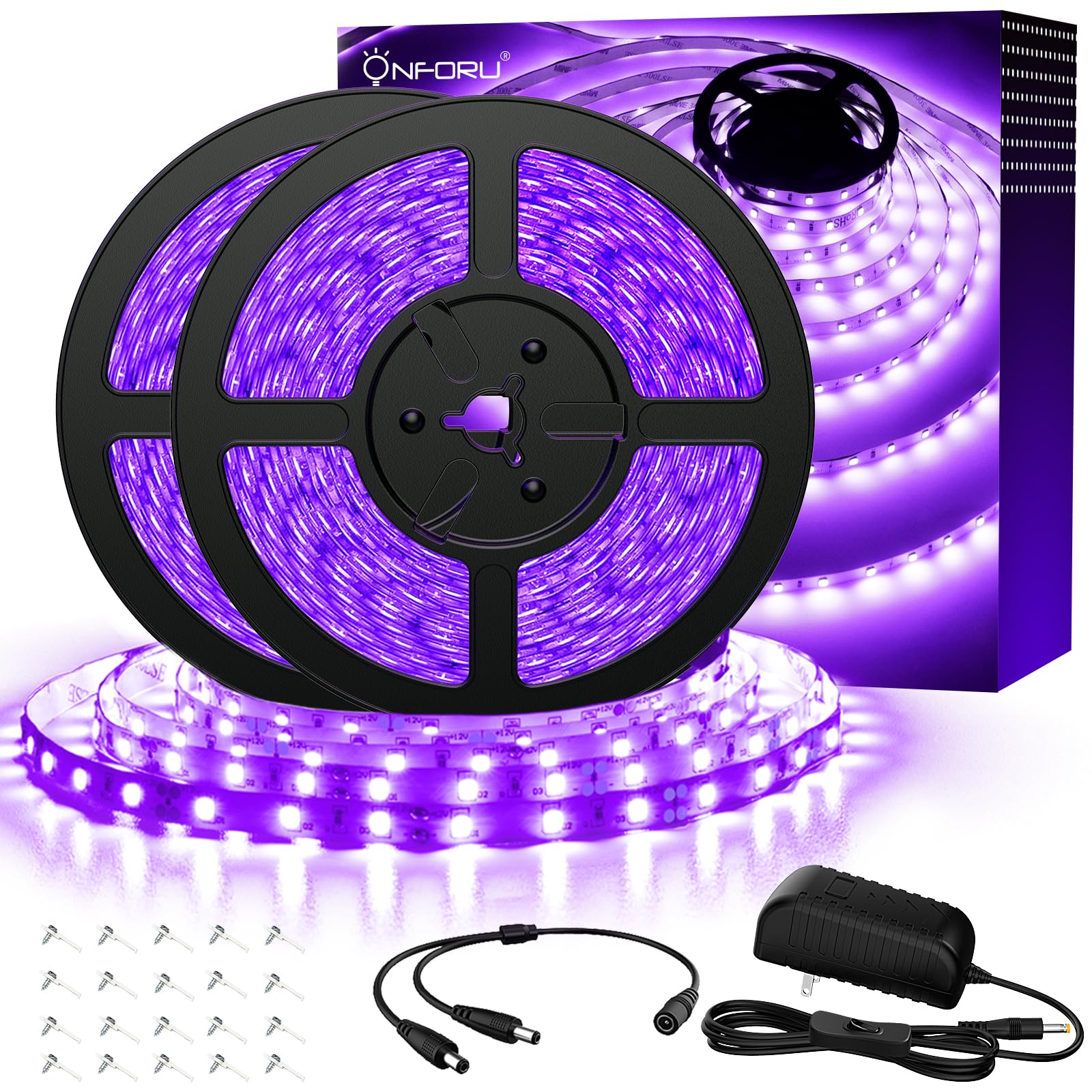 Onforu 65.6ft LED Black Light Strip, 1200 Units Lamp Beads, 12V Flexible Blacklight Fixtures, 20m LED Ribbon, Non-Waterproof Black Lights for Glow Party, Indoor Birthday Halloween Party, Body Paint