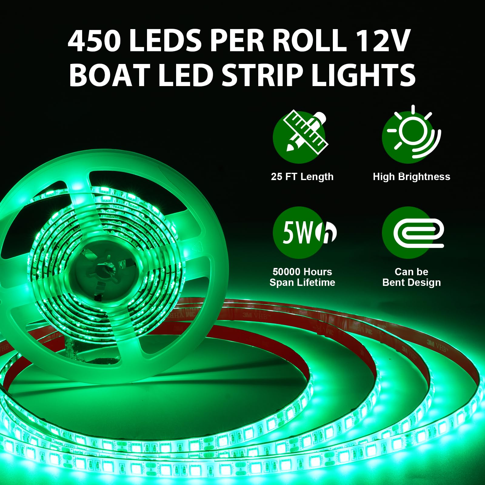 JUIOHAKY LED Strip Lights for Night Fishing, 50ft Marine-Grade Waterproof, Green, Model BML013