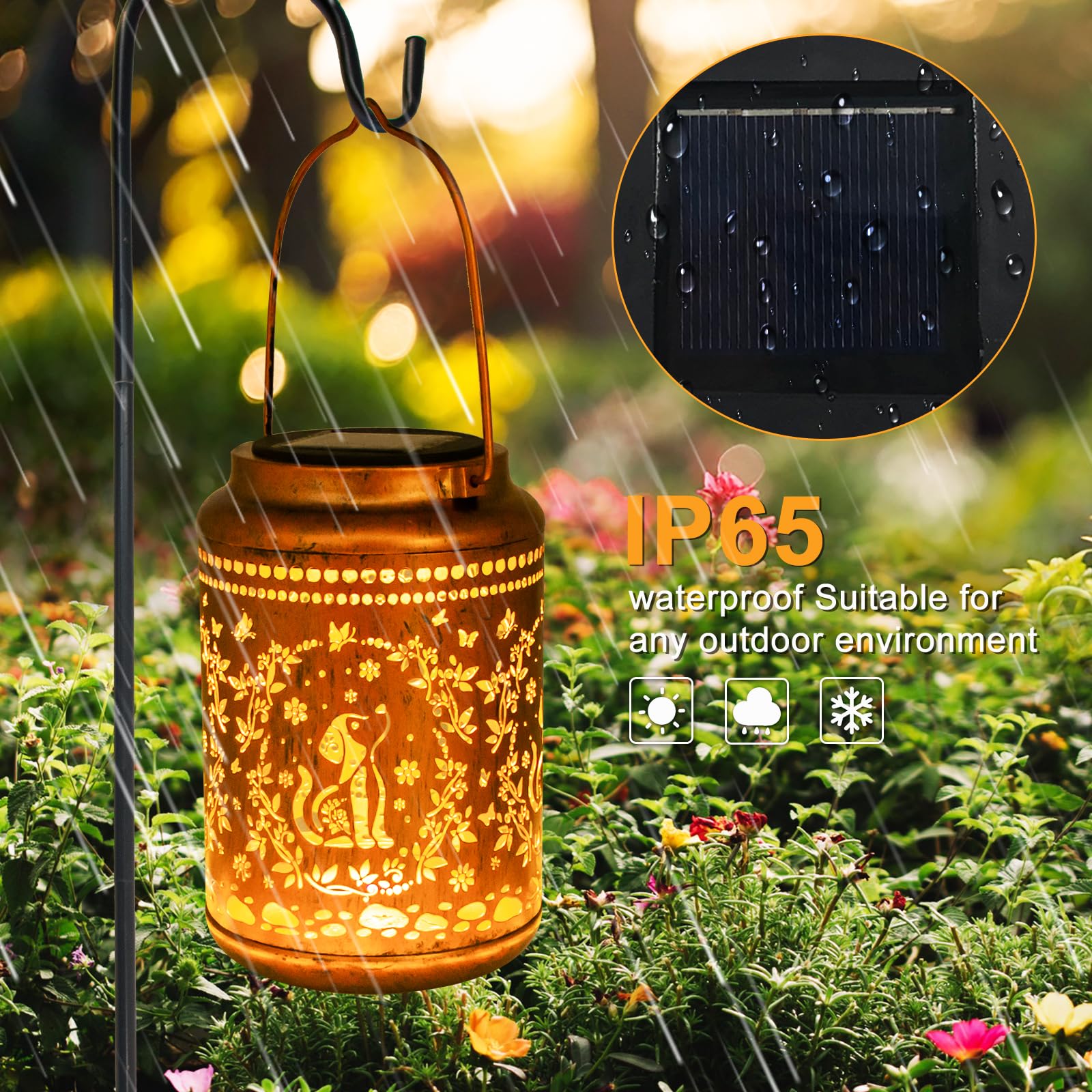 YISITEONE Solar Lanterns 2 Pack, Waterproof Metal Hanging Lights for Garden, Brown, Model ES04250400008