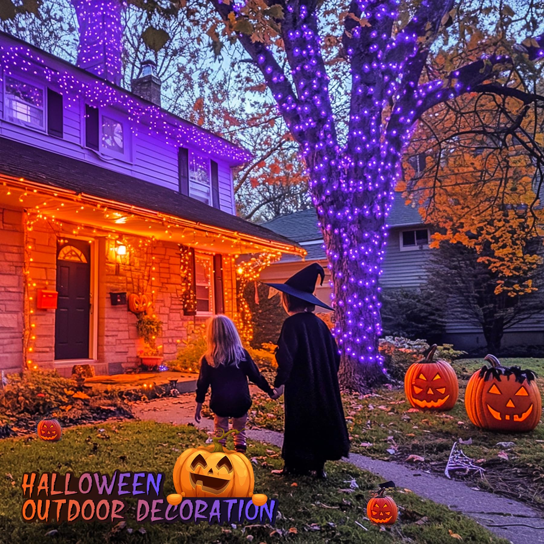 JMEXSUSS 200 LED Christmas Decoration Lights, Clear Wire, 11 Modes, Connectable, Purple Orange, Indoor Outdoor, Model EXS-S-0200