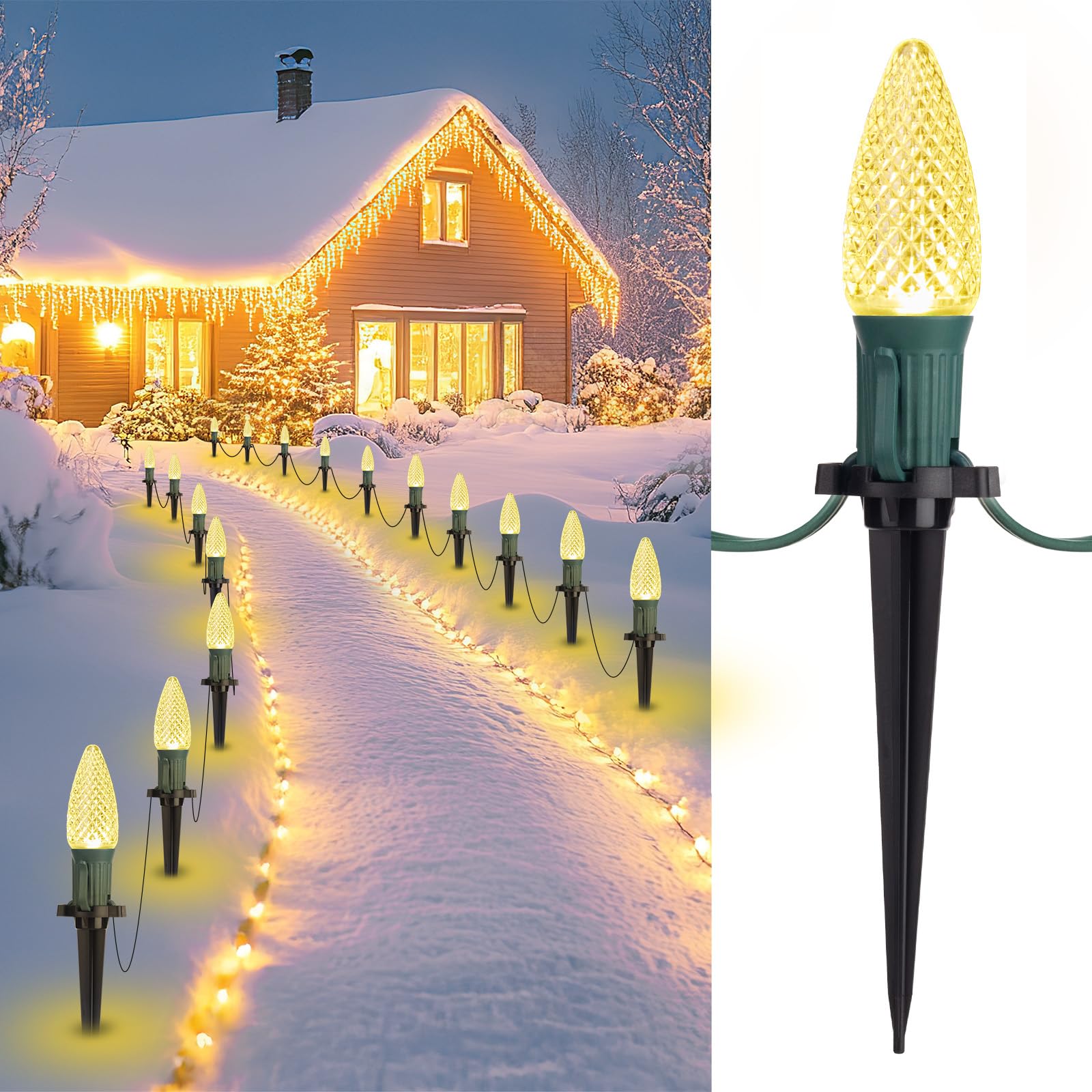 Brightown C9 Christmas Pathway Lights - 25.7ft, 20 LED, Waterproof, Warm White, Connectable, Outdoor Lawn Decoration