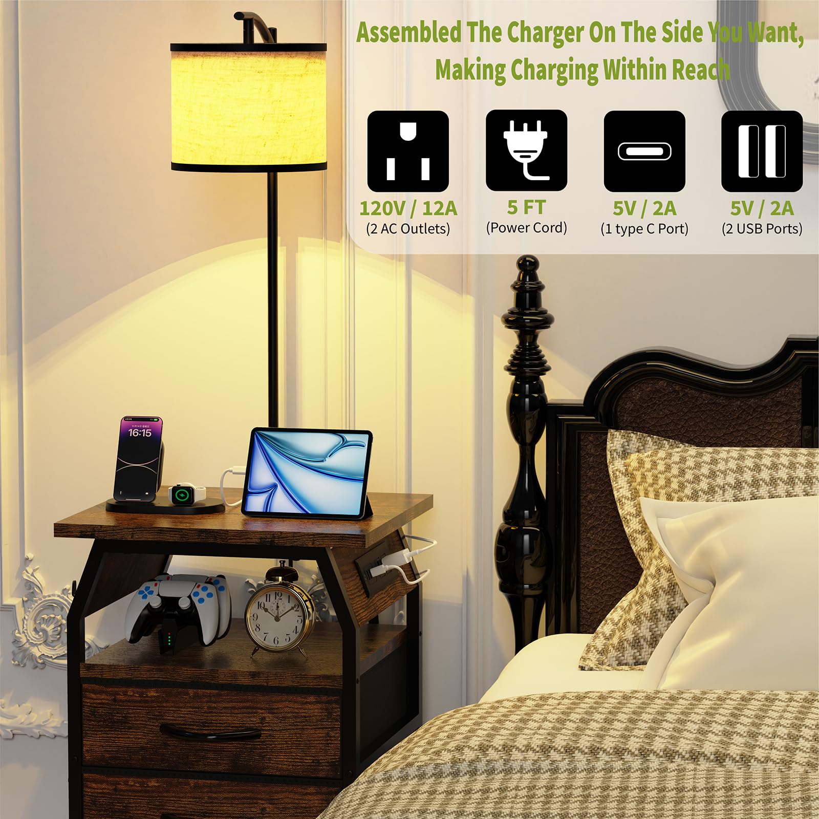 runjuly Floor Lamp & End Table Set of 2, Rustic Brown, 3-Color Temperature Bulb, Model AH0054-RB, with Charging & Drawers
