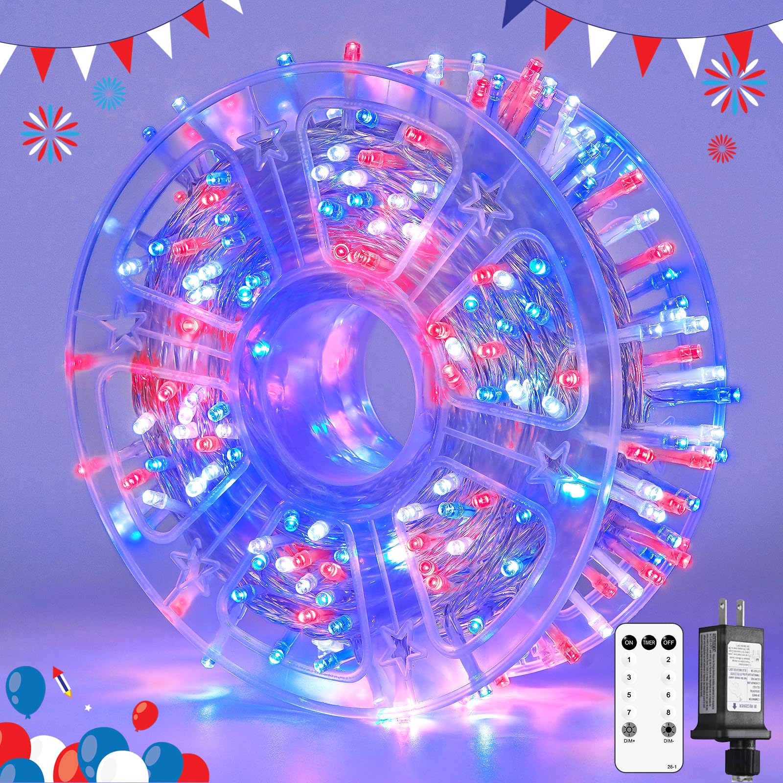 JMEXSUSS 400 LED Red White and Blue Lights Outdoor, 132FT 4th of July Lights Indoor, 8 Modes Patriotic String Light for Memorial