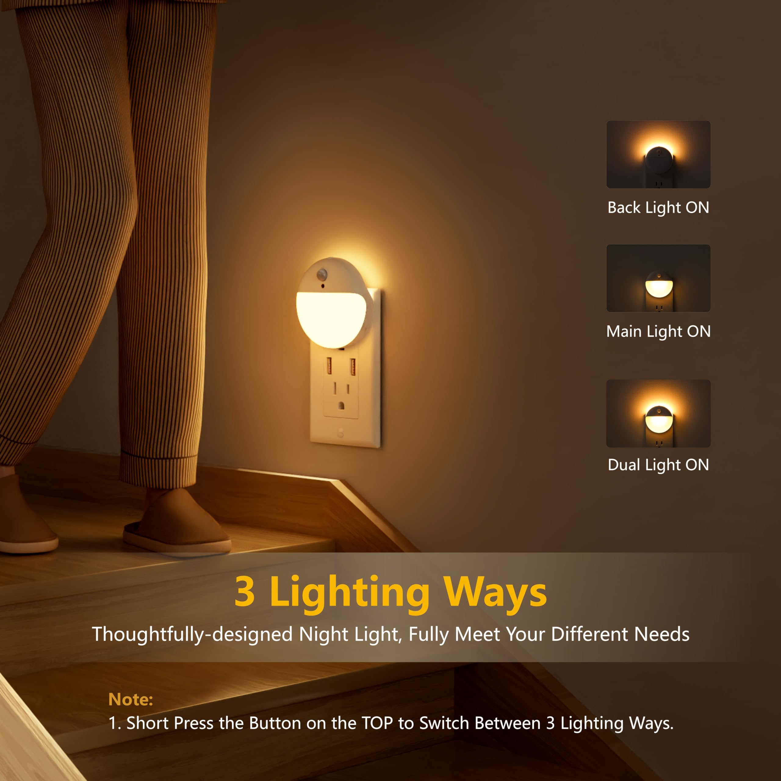 Yunlex 2 Pack Plug In Night Light With 3 Lighting Ways, Stepless Dimming, Light Sensor, Warm White Nightlight For Bathroom, Hall