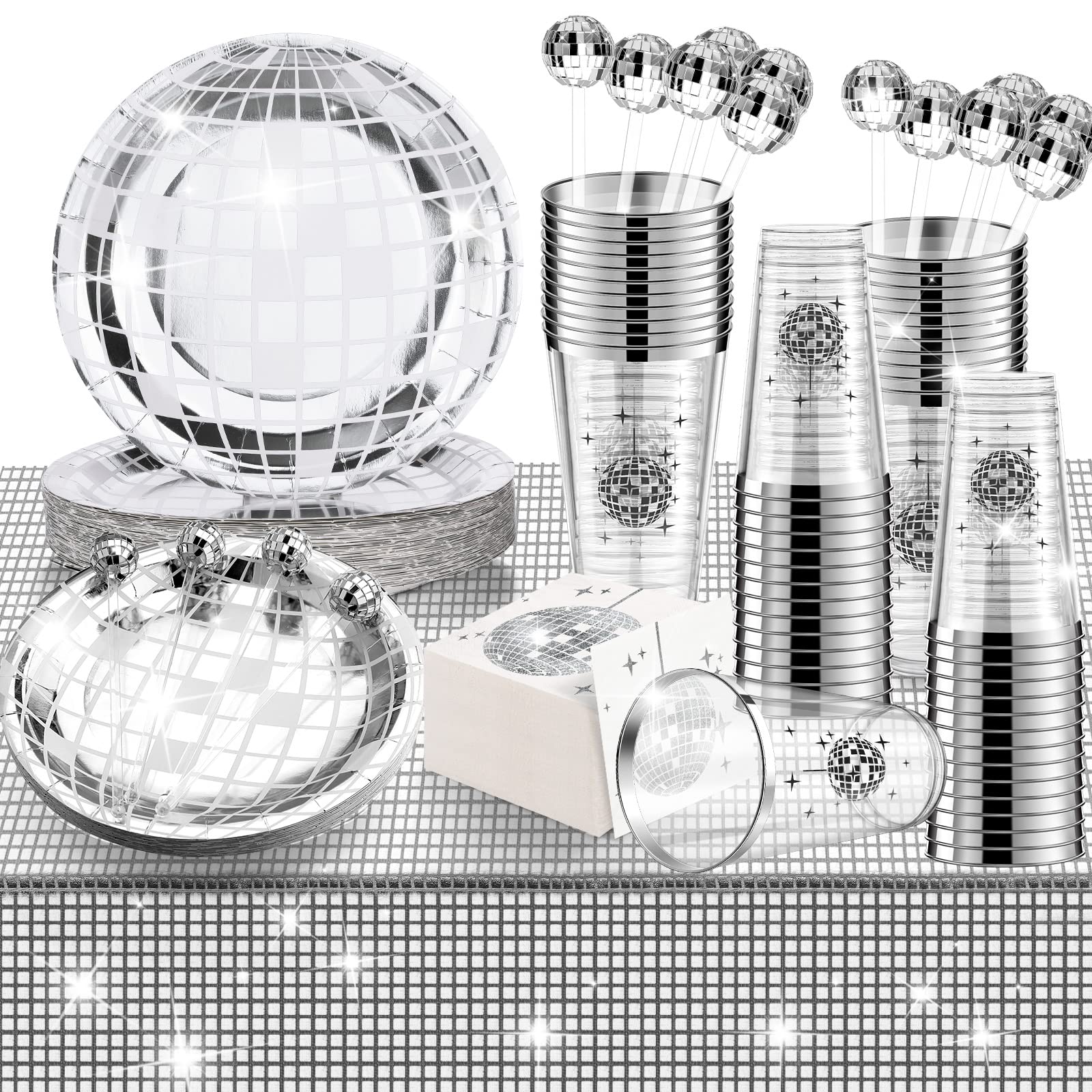 Meanplan 70s Disco Party Supplies Set, 101 Pieces, Silver Disposable Plates, Napkins, Cups, Table Runner, Cocktail Stirrers