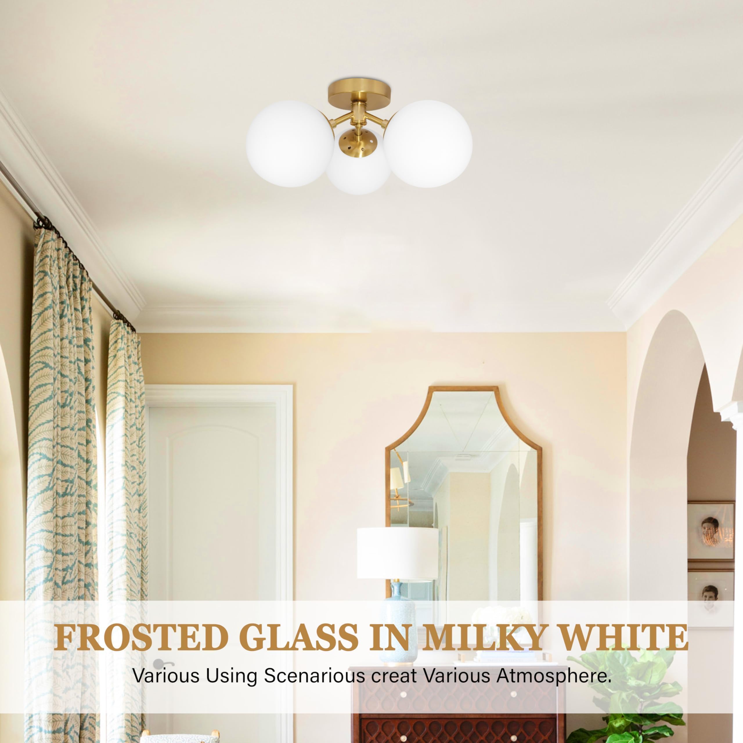 Bagood 3 Light Mid Century Modern Gold Globe Semi Flush Mount Ceiling Brass Chandelier 3-Light Milk Glass Globe Lights Sputnik C