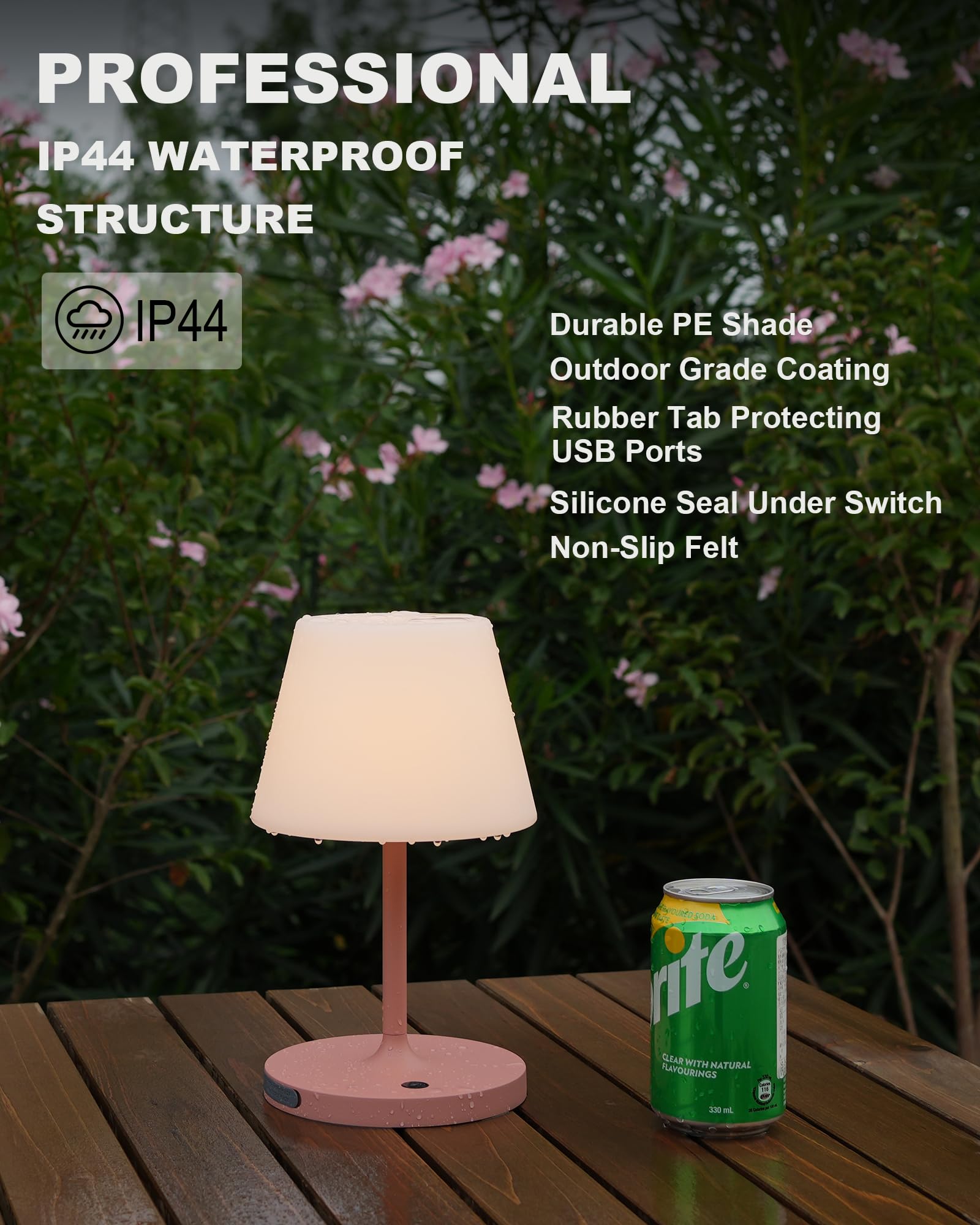 Weilailux Outdoor Battery Operated Table Lamp Waterproof, 4000Mah Cordless Table Lamp Rechargeable, Touch Dimmable Desk Lamp, Led Night Light For Patio Camping Restaurant Home, H9.6In, Pink