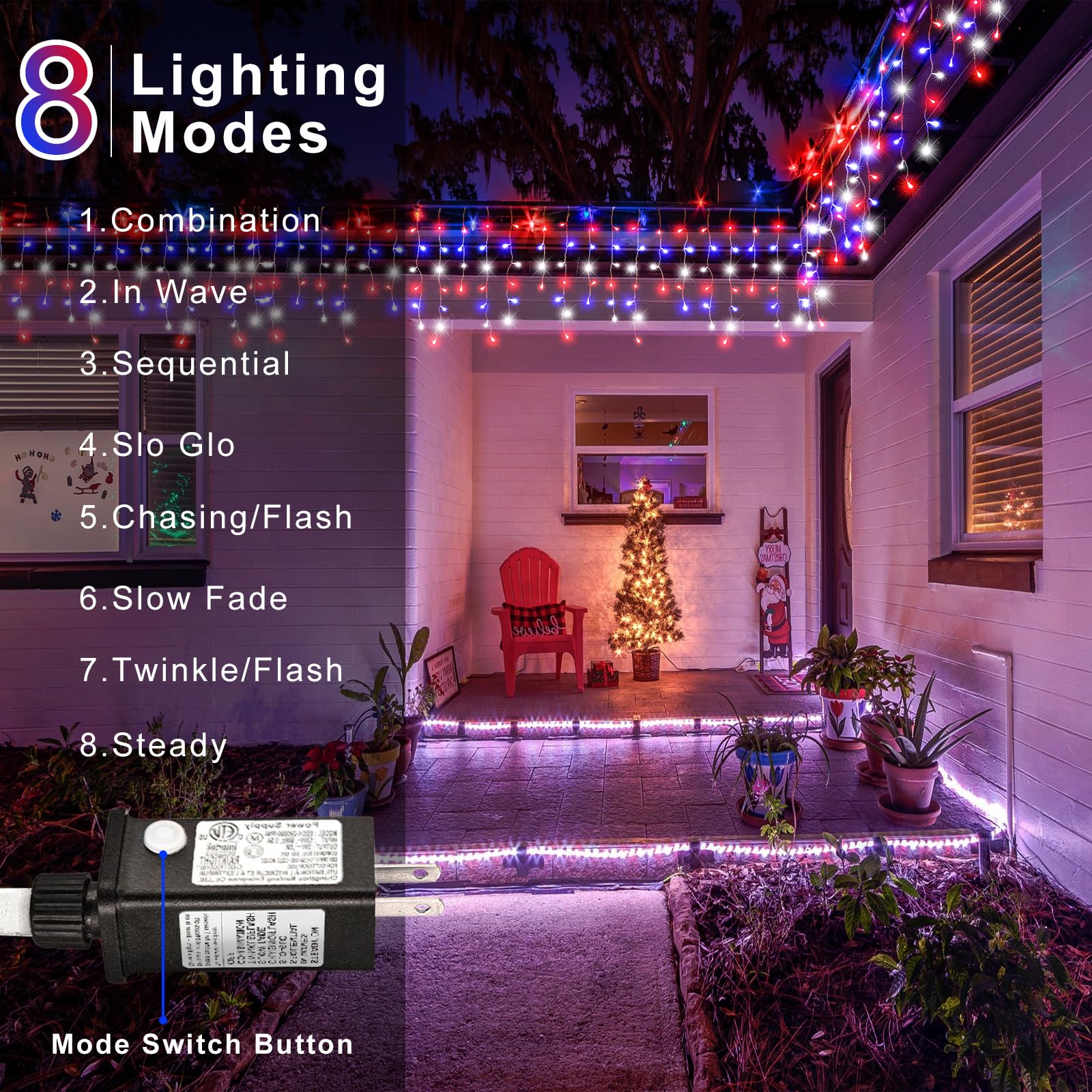 Nielfoi 33ft 400 LED Outdoor Christmas Lights, Red White and Blue, Connectable Twinkle Icicle Lights for Holiday Decorations