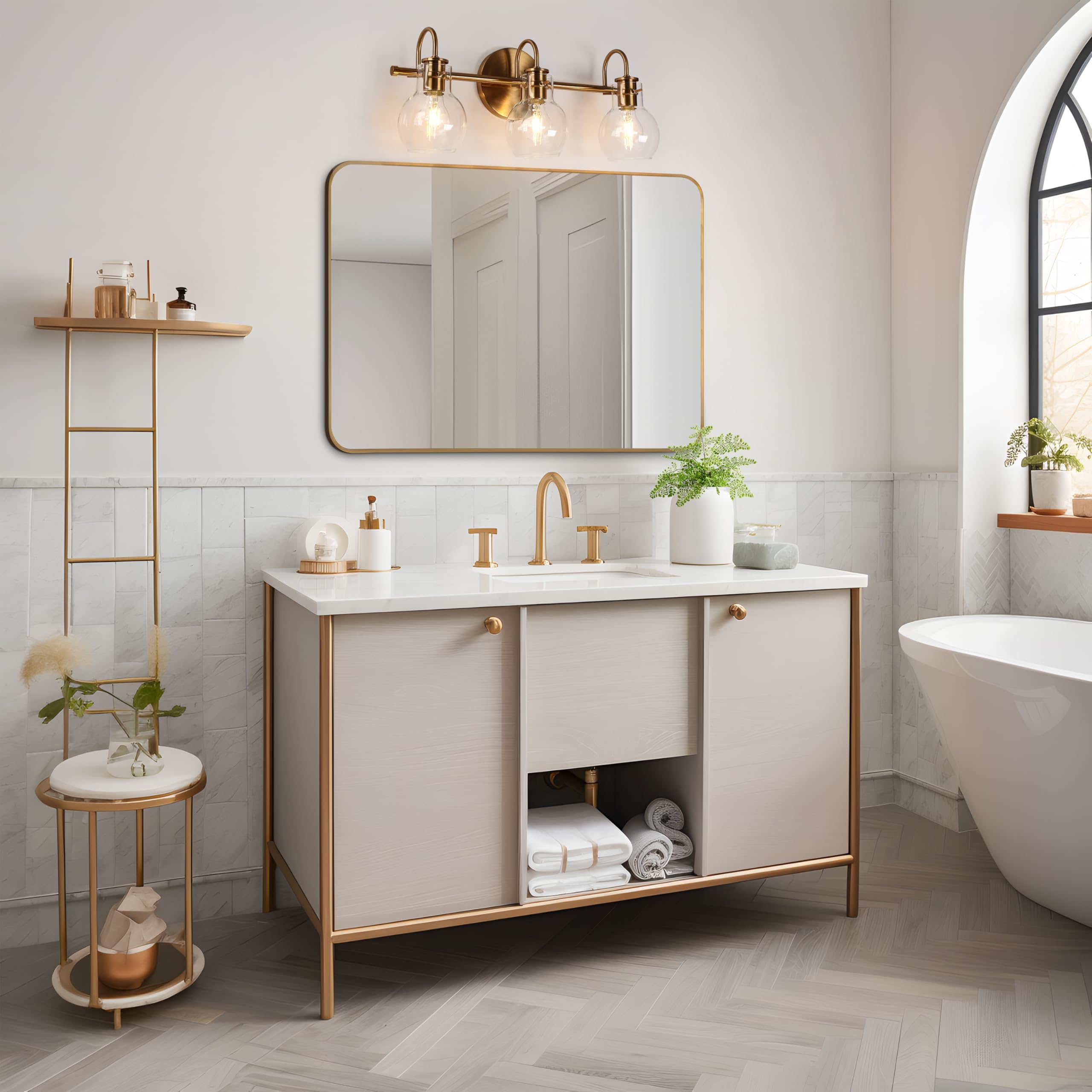 KSANA Bathroom Vanity Light, 3-Light Electroplated Copper Fixtures with Globe Clear Glass Shades