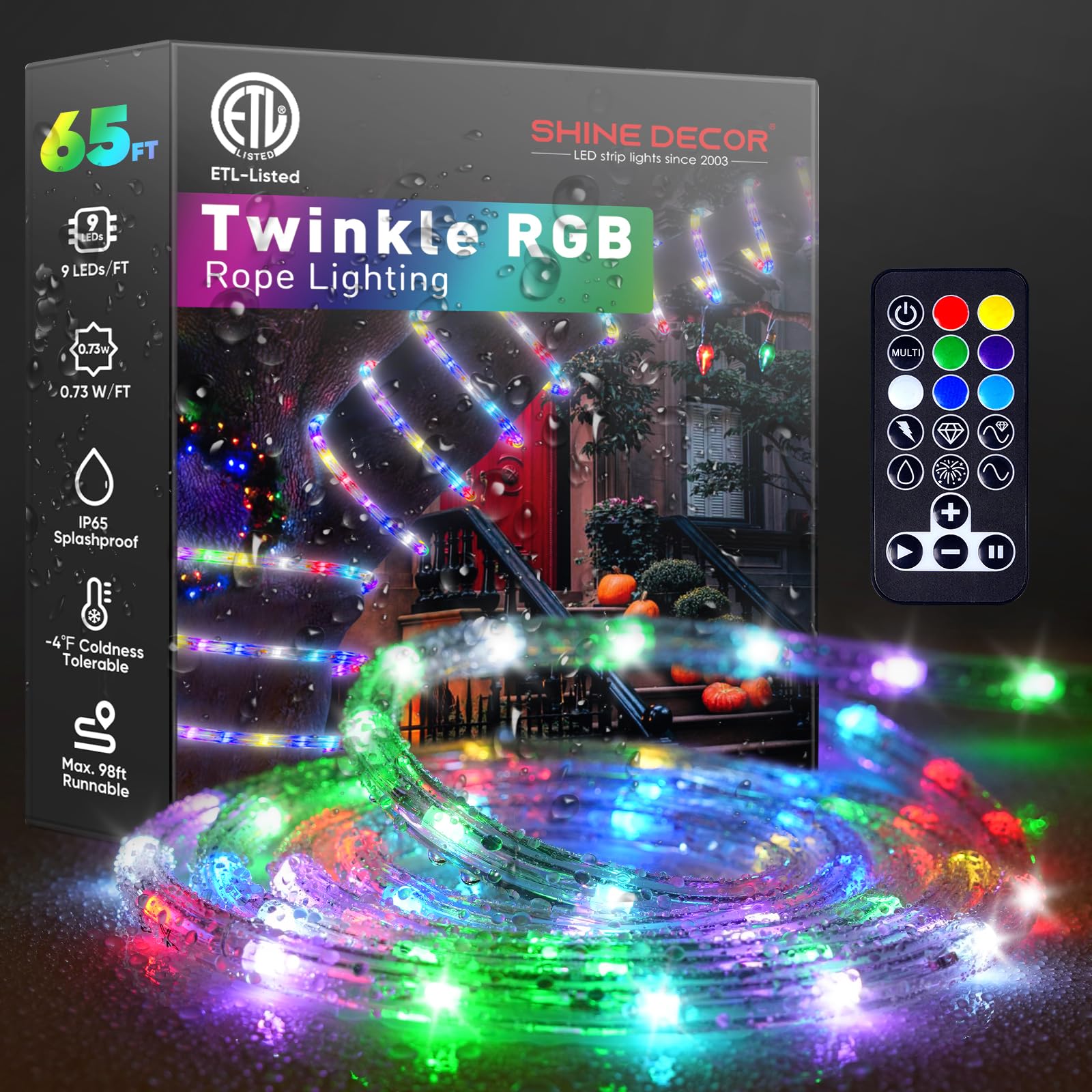 Shine Decor LED Rope Light RGB Twinkle, 65.6ft, Waterproof, Remote Control, Model MYH-Clear Rope-RGB-20M