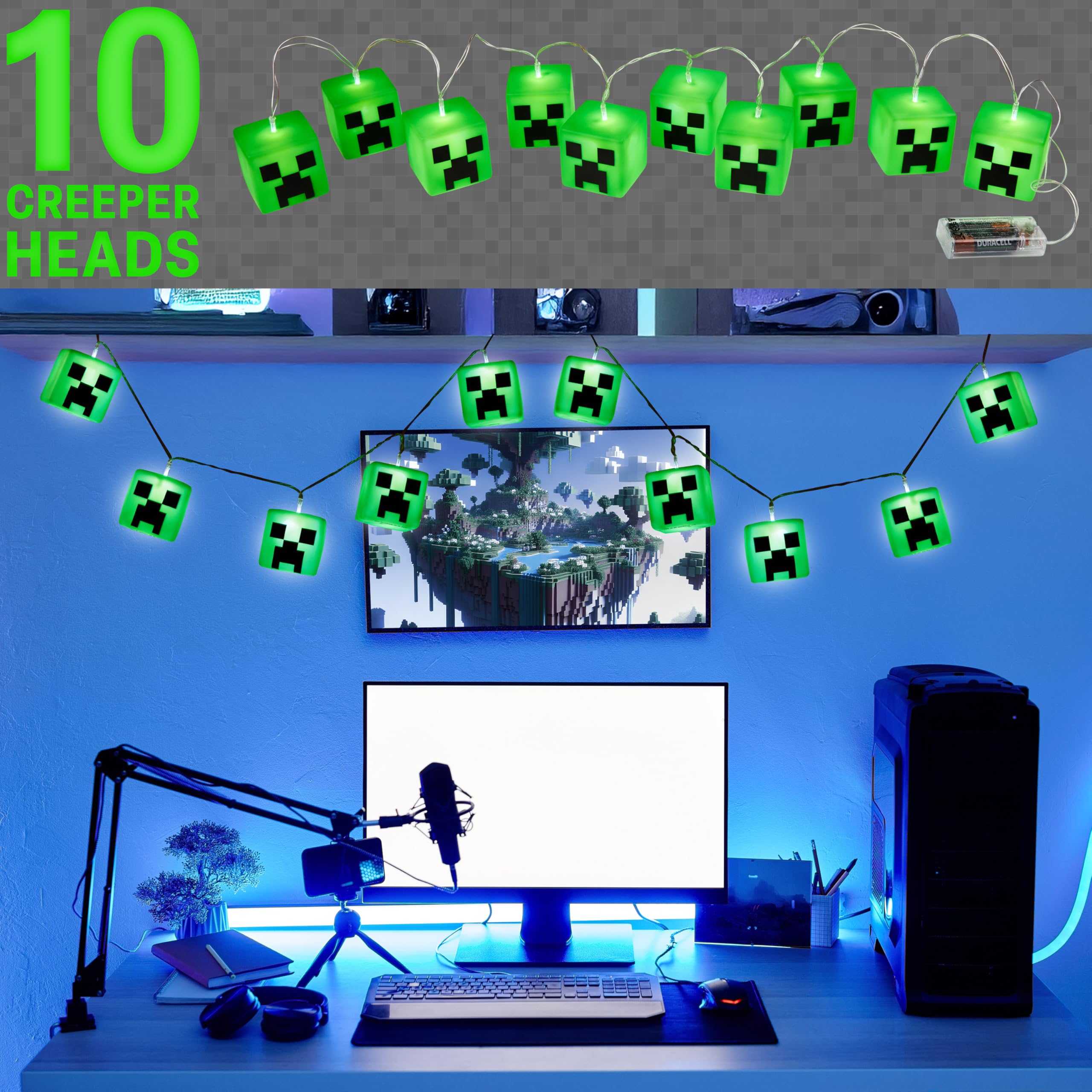 Minecraft LED Fairy Lights, Battery Operated, Creeper Cube 1.5" - White Indoor Room Decor for Kids and Gamers