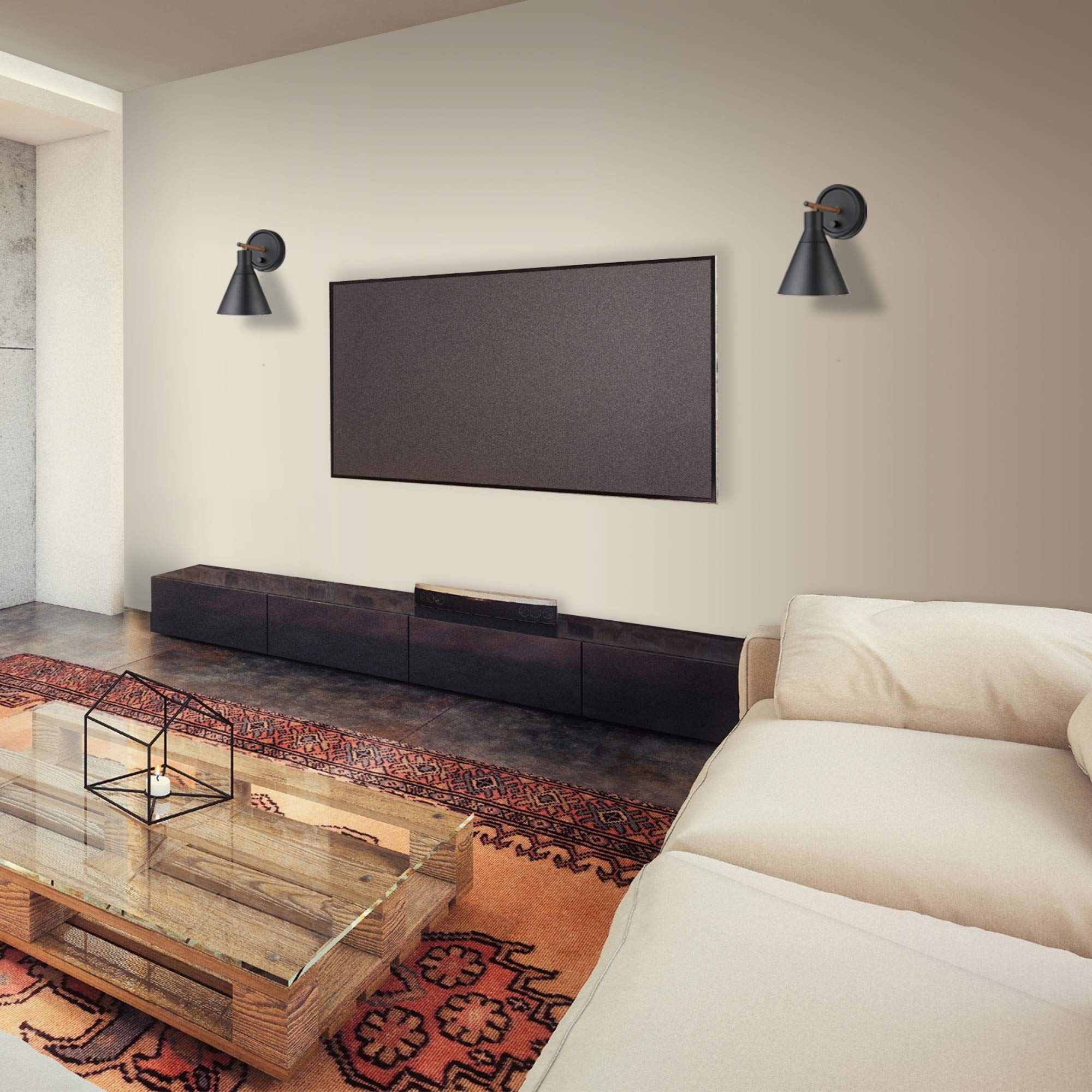 Globe Electric 51725 1-Light Dimmable Plug-In Or Hardwire Wall Sconce, Matte Black, Faux Walnut Accent, Stepless Dimming Rotary