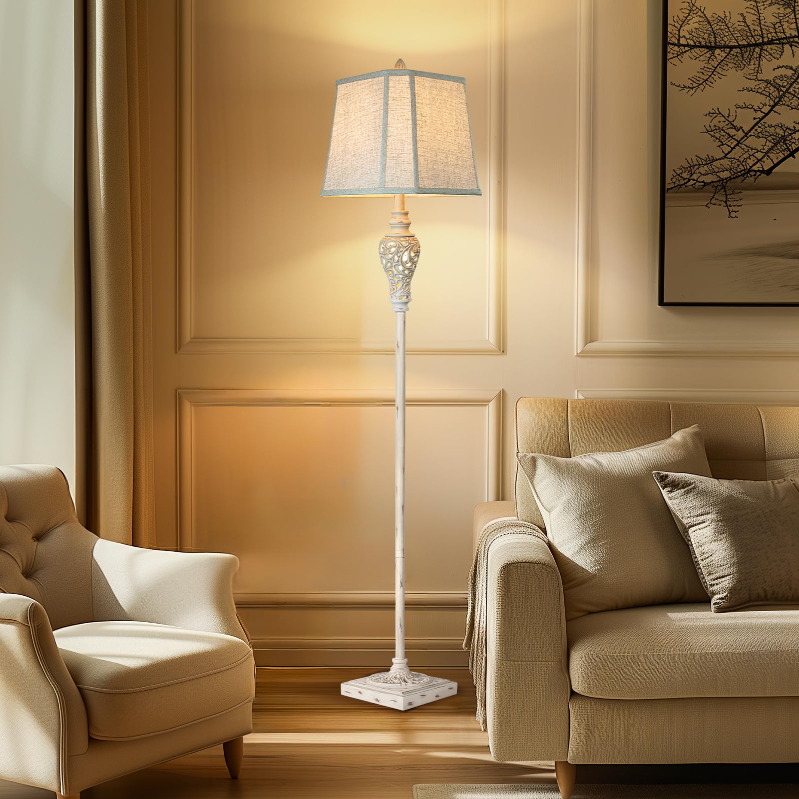 Rustic Floor Lamp 65'' Tall With Nightlight Cut Corner Linen Fabric Shade Vintage Standing Lamp For Living Room, Bedroom, Office