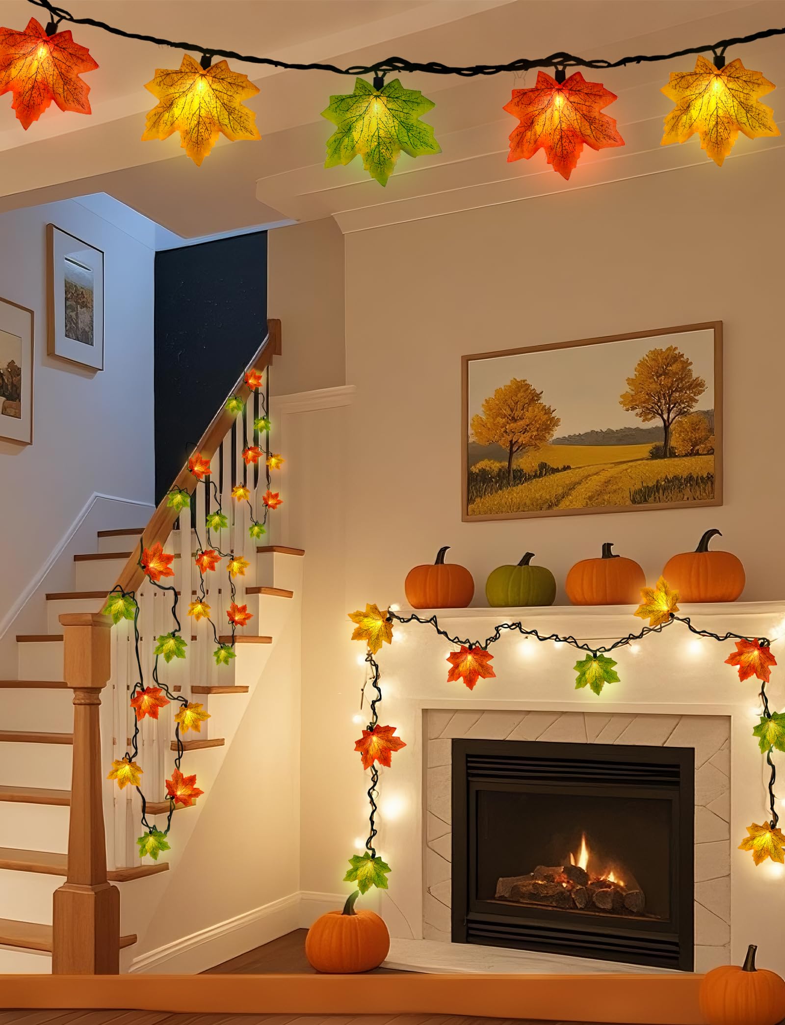 Doratale Maple Leaf String Lights Thanksgiving Decorations  Fall Garland Lights String With 35 Led Orange Yellow Green Lights For Connectable Display Indoor Outdoor Fall Decor Halloween Decorations