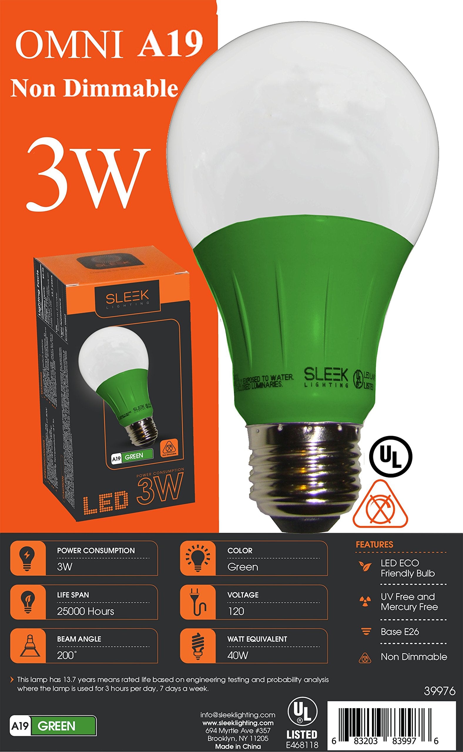 Sleeklighting Led A19 Green Light Bulb, 120 Volt - 3-Watt Energy Saving - Medium Base - Ul-Listed Led Bulb - Lasts More Than 20,000 Hours