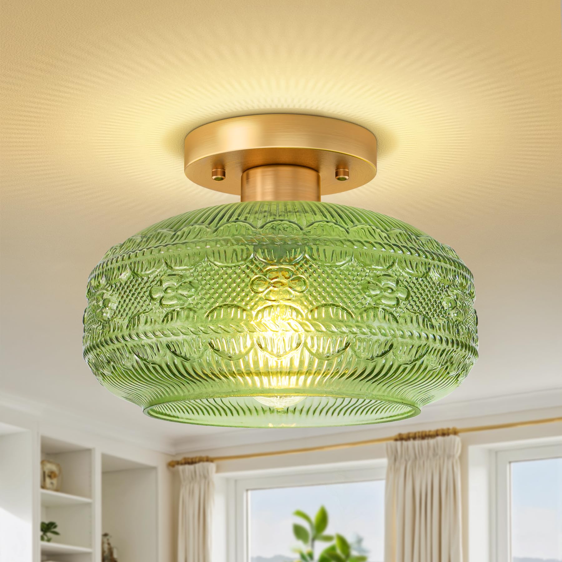 Apoto Semi Flush Mount Ceiling Light Fixture Green,Vintage Hallway Light Fixture Ceiling,Globe Glass Light Fixtures Ceiling Moun