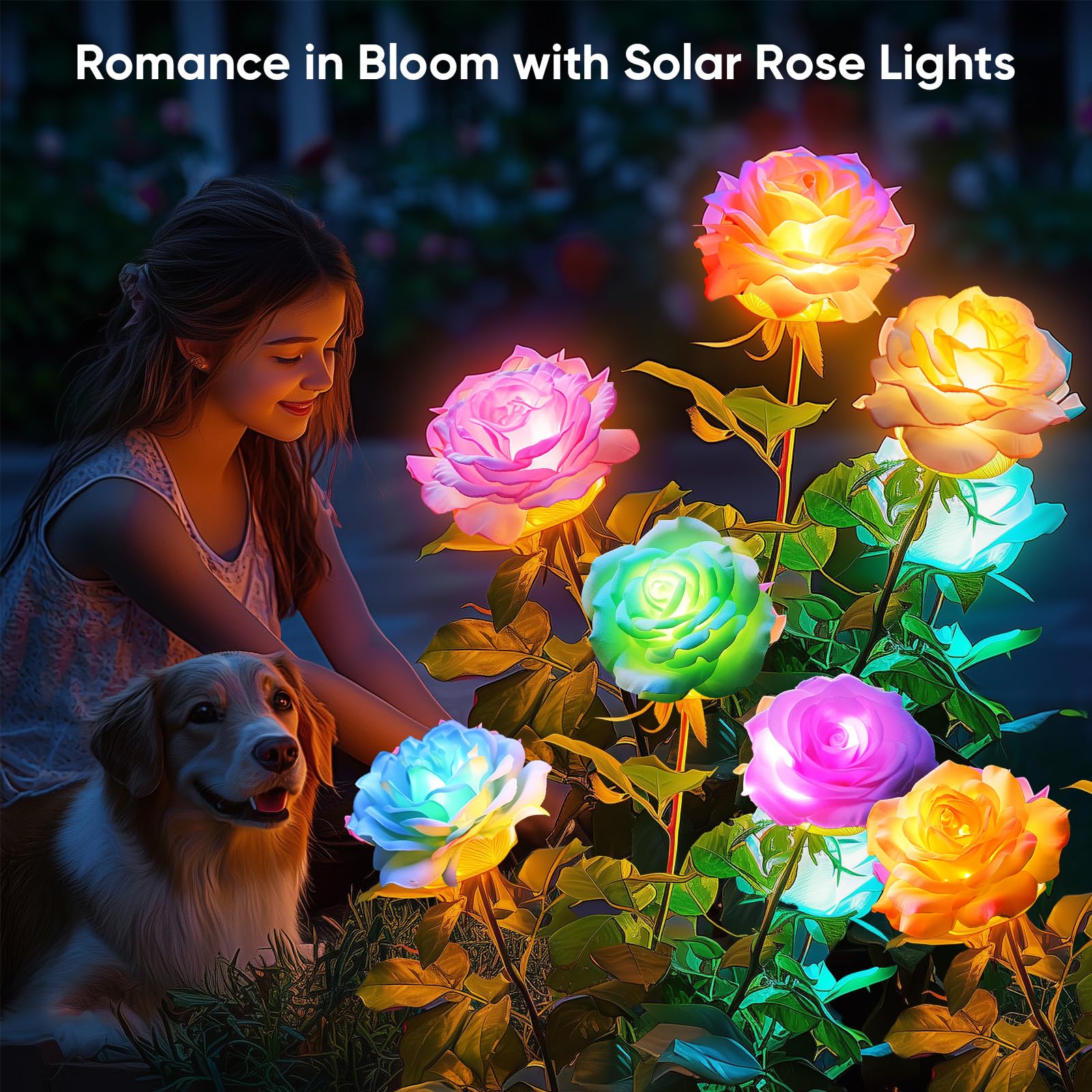 Solar Flower Lights Outdoor Waterproof: 4 Pack 7-Color Changing Led Rose Stake Decor For Garden Pathway Patio Lawn - Solar-Powered Artificial Blooms Christmas Holiday Yard Decorations