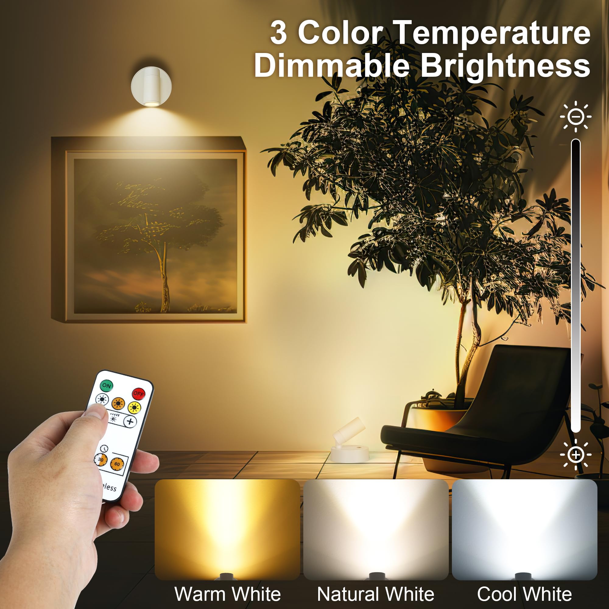 Wireless Led Spot Lights Indoor Battery Operated With Remote, Rechargeable Up Lights Indoor With Timer&Dimmable, 3Cct Picture Lights For Wall, Spotlights Accent Uplighting For Plant, Artwork -White