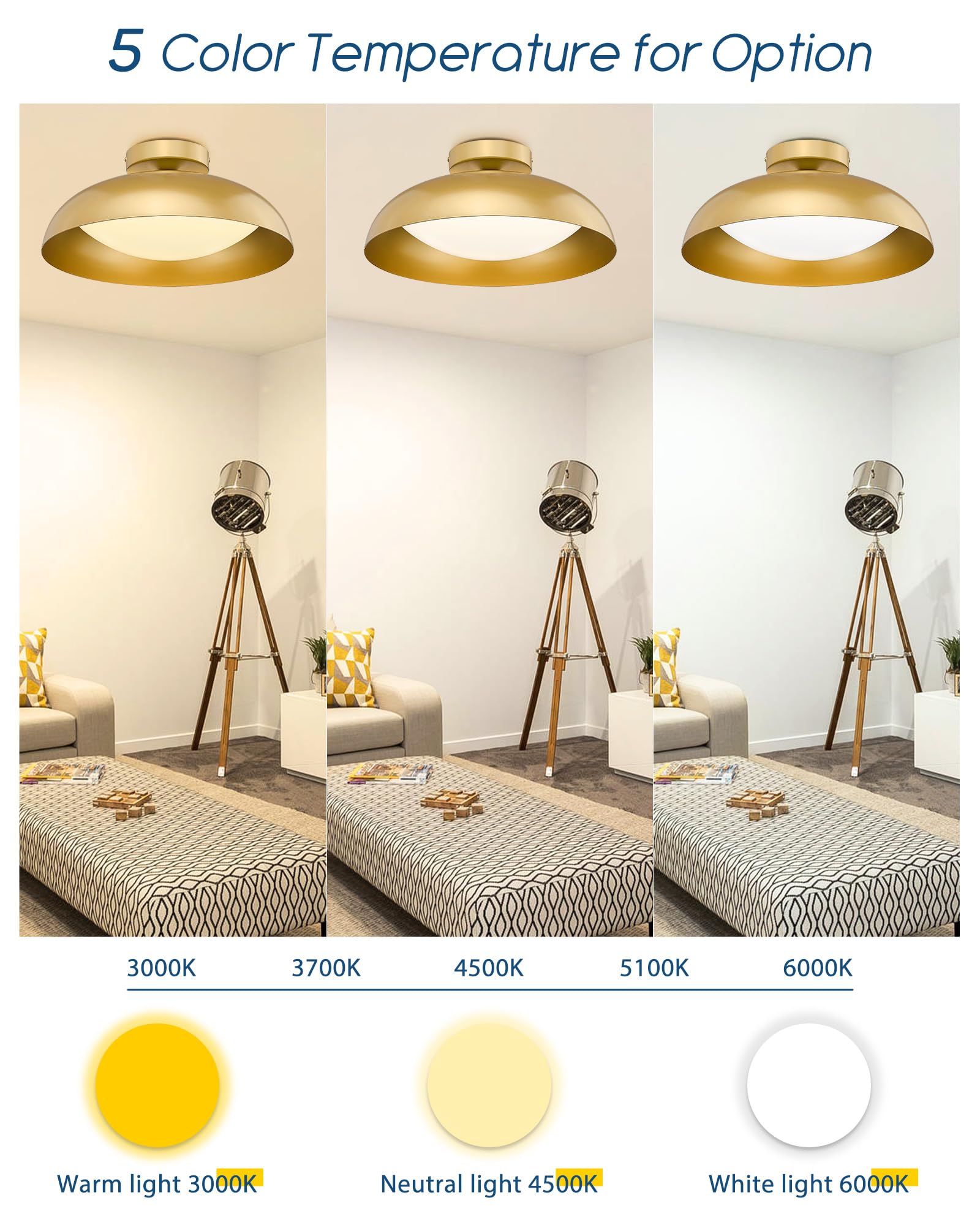 Kudos Gold Semi Flush Mount Ceiling Light, 16 Inch Led Ceiling Light Fixtures, 23W/1300Lm Light Fixtures Ceiling Mount, 5Cct Adjustable, Kdcl02-Gd