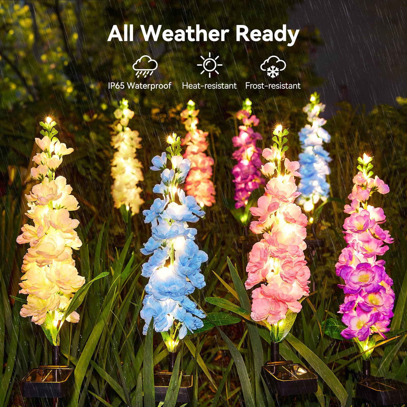 Kooper 4 Pack Solar Garden Lights, Upgraded Delphinium Design, Waterproof Outdoor Decor