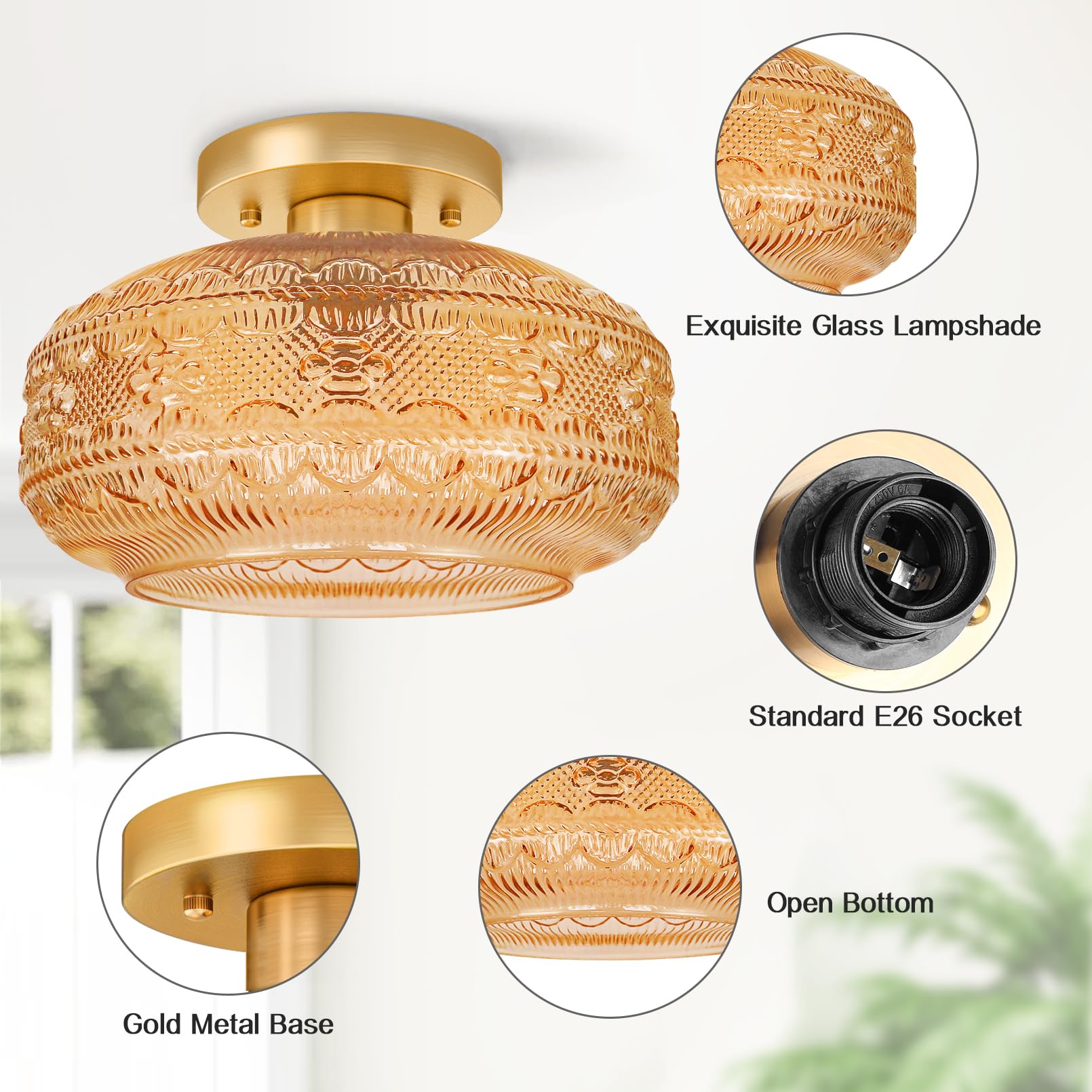 Apoto 11'' Large Semi Flush Mount Ceiling Light,Amber Globe Glass Ceiling Light Fixture,Vintage Hallway Light Fixture Ceiling,Cl