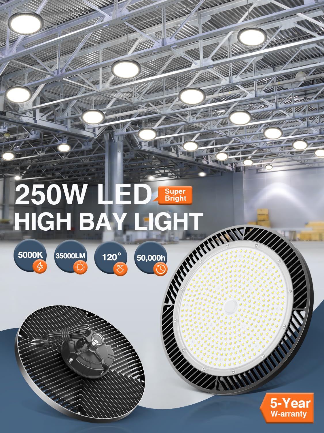 ELEKICO UFO LED High Bay Light 250W 4 Pack, 5000K 35000LM, Black Aluminum, Model UFO-250W-4PCS
