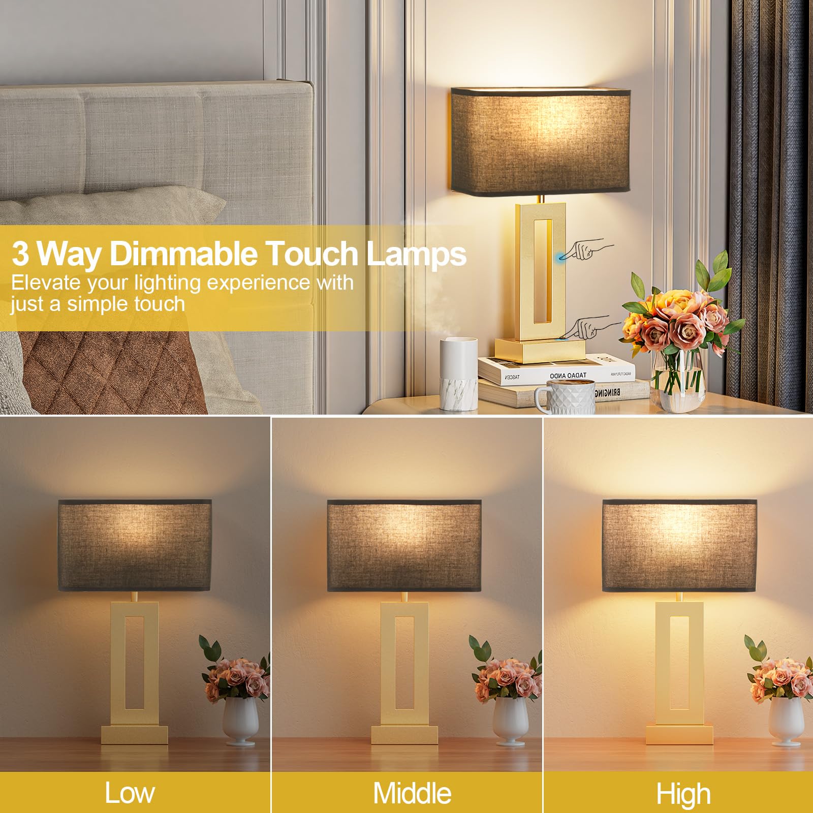 Bedroom Table Lamps Set Of 2 - Black Gold Touch Bedside Lamps With Usb C+A, 3 Way Dimmable Gold Lamp For Nightstand, Modern Nigh