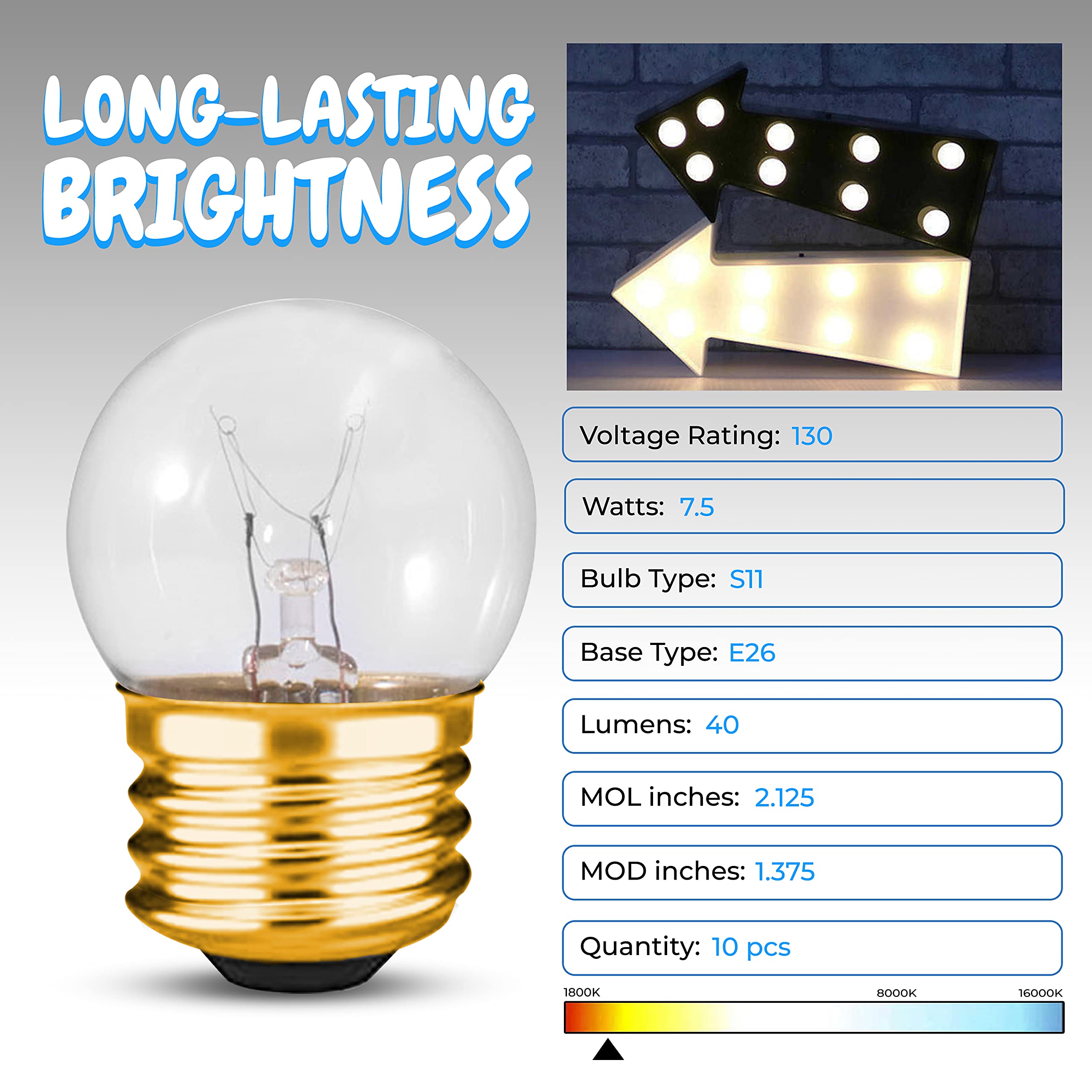 Ohlectric Ol-45576 S11 Indicator Night Light Bulbs - 7.5 Watt, 130 Volt - Incandescent Light Bulbs - E26 Medium Base, 40 Lumens