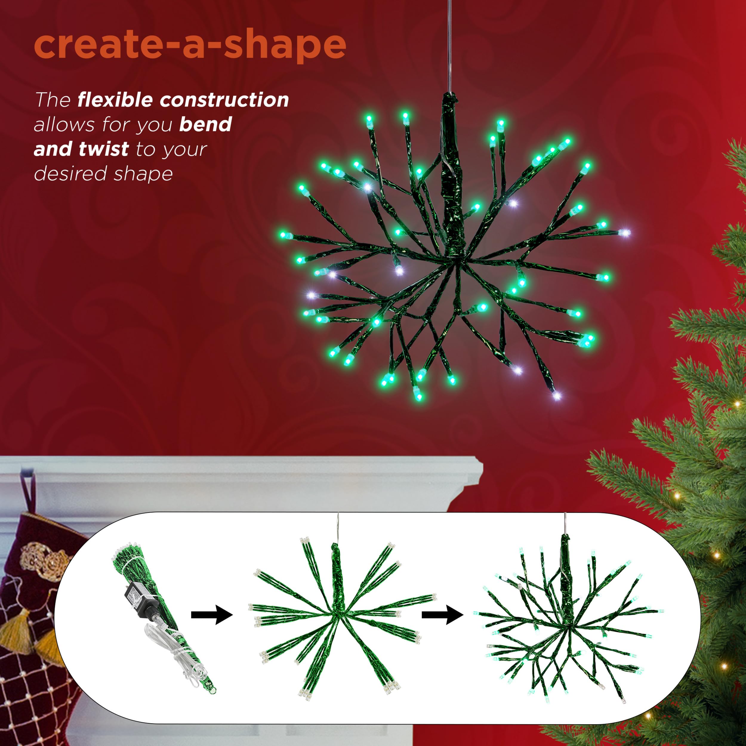 Alpine Corporation Christmas Twig Snowflake Ornament, LED Lights, 10-Inch, Metal, Green, Model CRD100S-GN