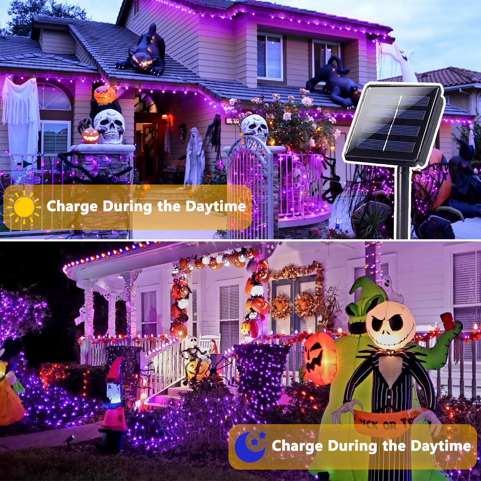 SANJICHA 4 Pack Solar String Lights, 320 LED, 180FT, Waterproof, Purple, 8 Modes, for Halloween Decorations