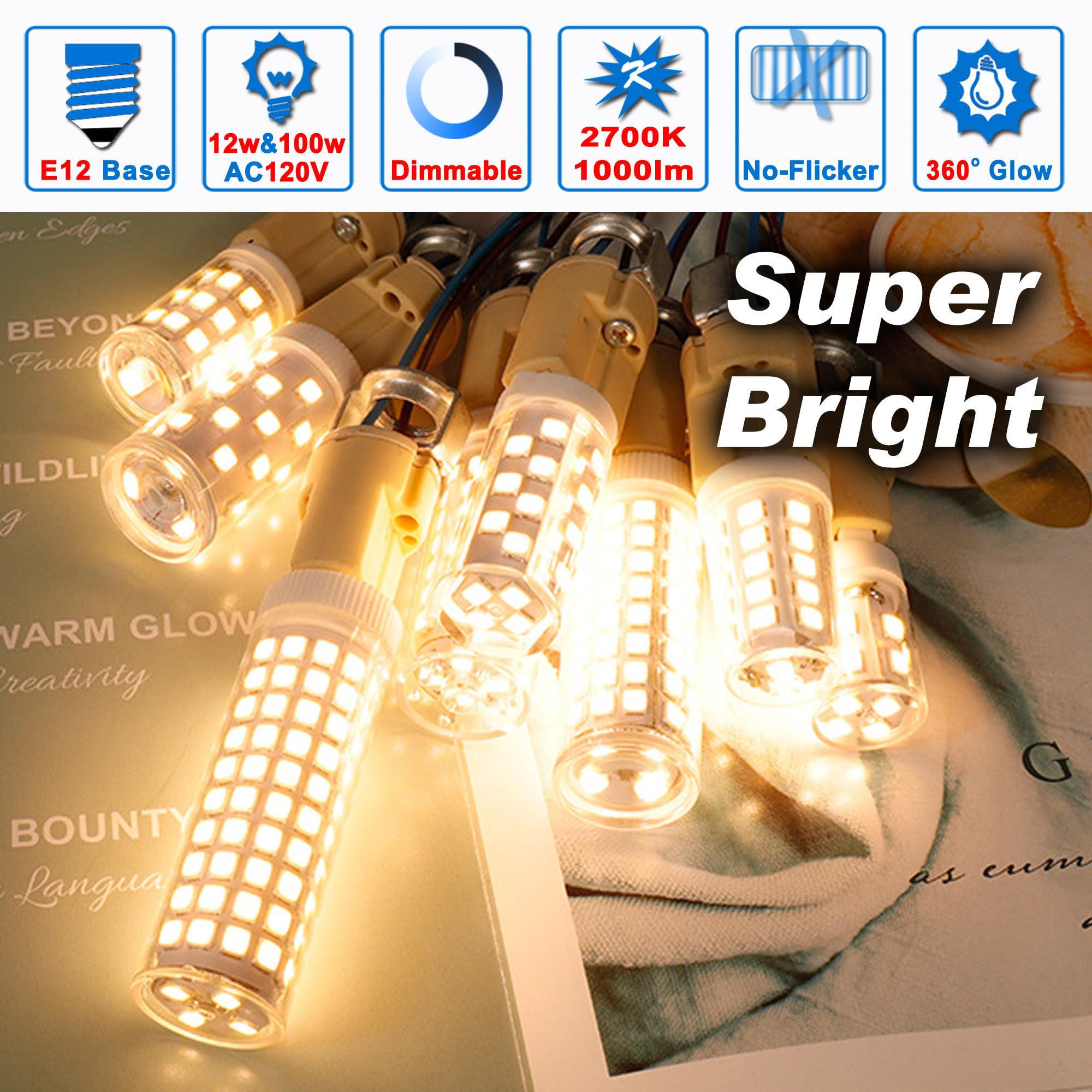 Ziomitus E12 Dimmable 100 Watt Led Candelabra Bulbs Equivalent C7,2700K Warm White,1000 Lm T6 E12 12W Led Candle Bulbs For Ceili