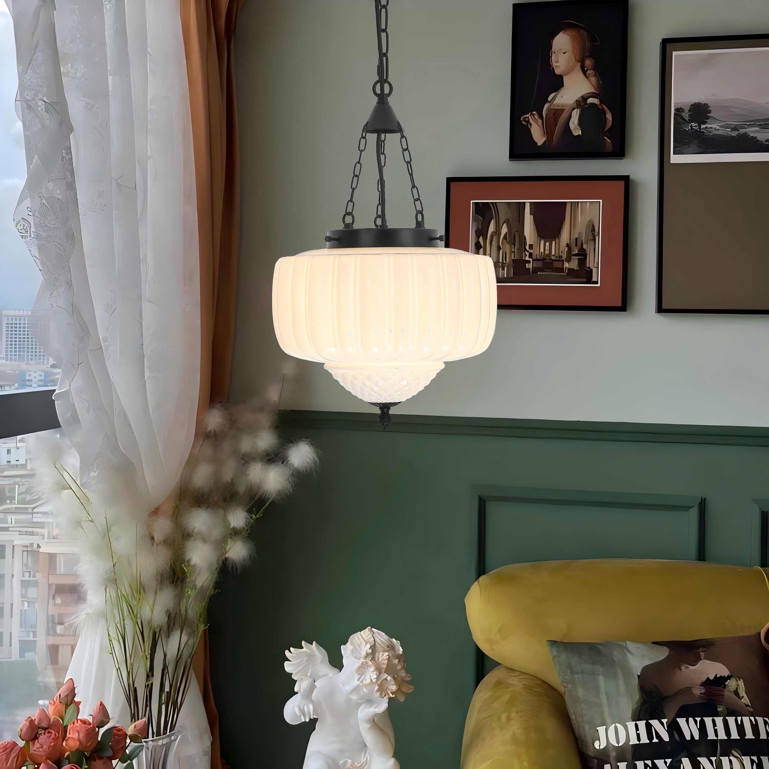 FCTWAKS Milk Glass Pendant Light, 12" Mid Century Modern, Black Finish, Frosted Glass, Ideal for Kitchen Island or Dining Room