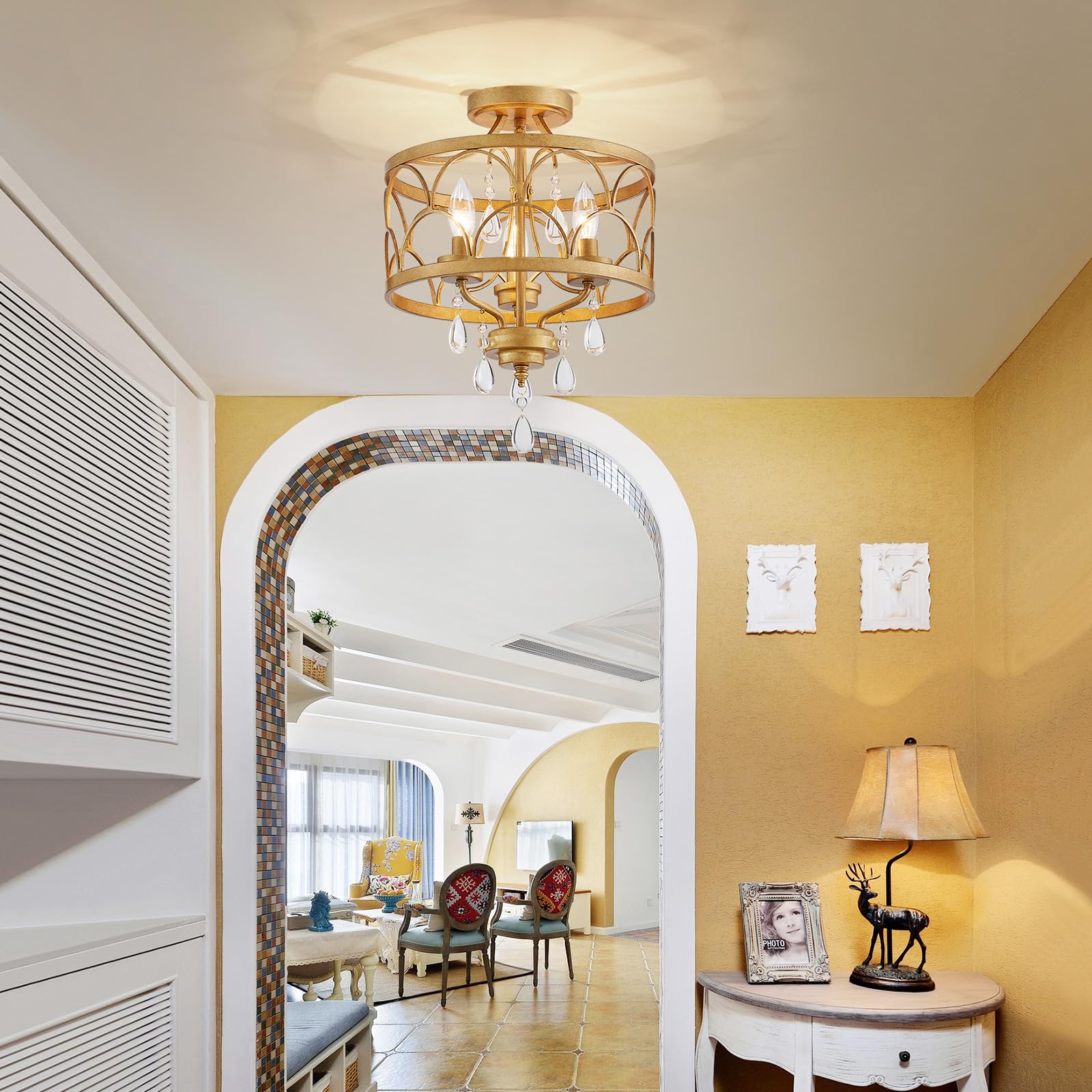 Crystal Ceiling Light Fixture  Modern Small Chandelier Light Fixture  Farmhouse Gold Semi Flush Mount Ceiling Light  Round Hallway Lighting Fixtures For Bedroom Entryway Closet Dining Room Living Room