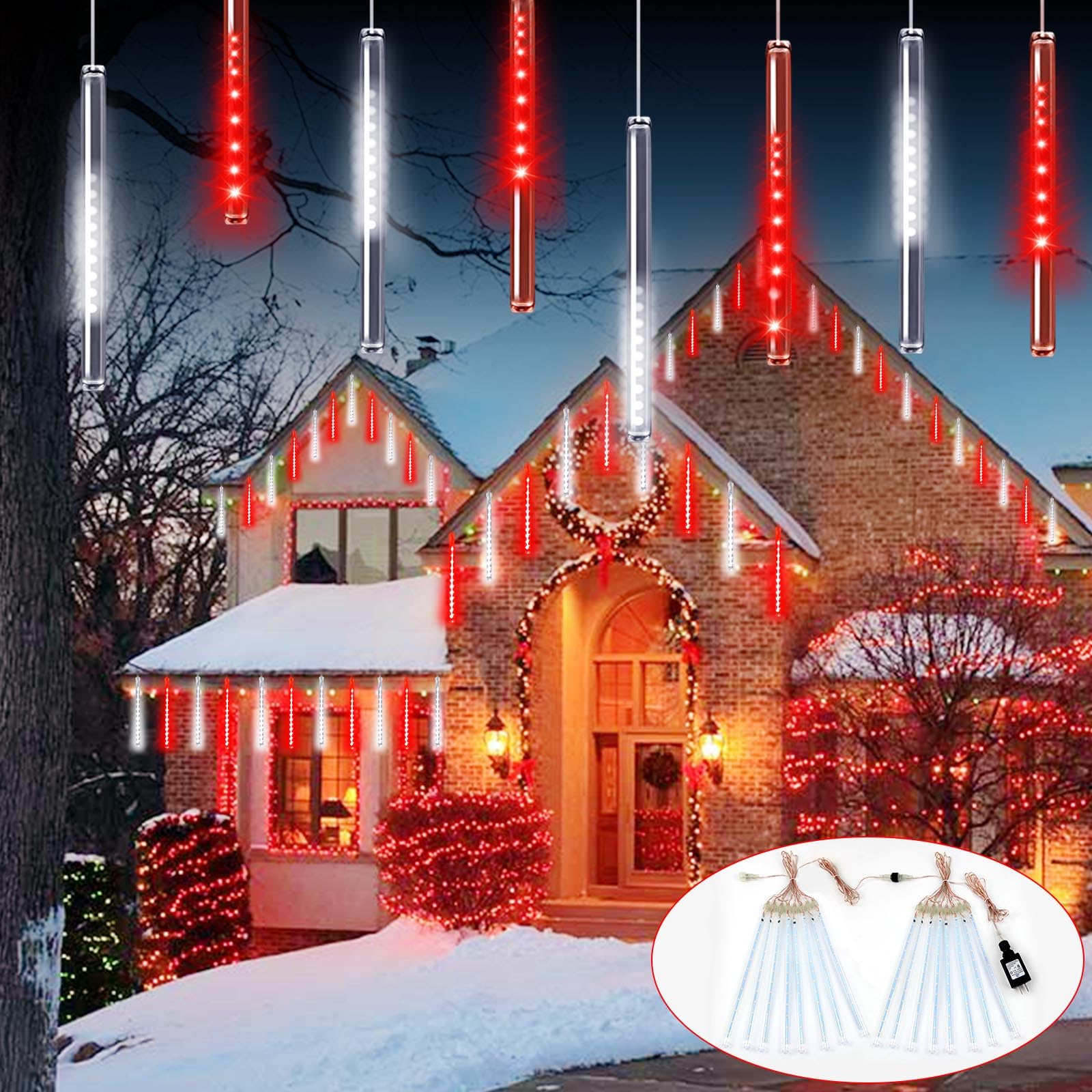 2 Pack Christmas Decorations Lights Outdoor, Extendable Meteor Shower Lights With Timer, Total 384Led 30Cm 16 Tubes Indoor Outdo