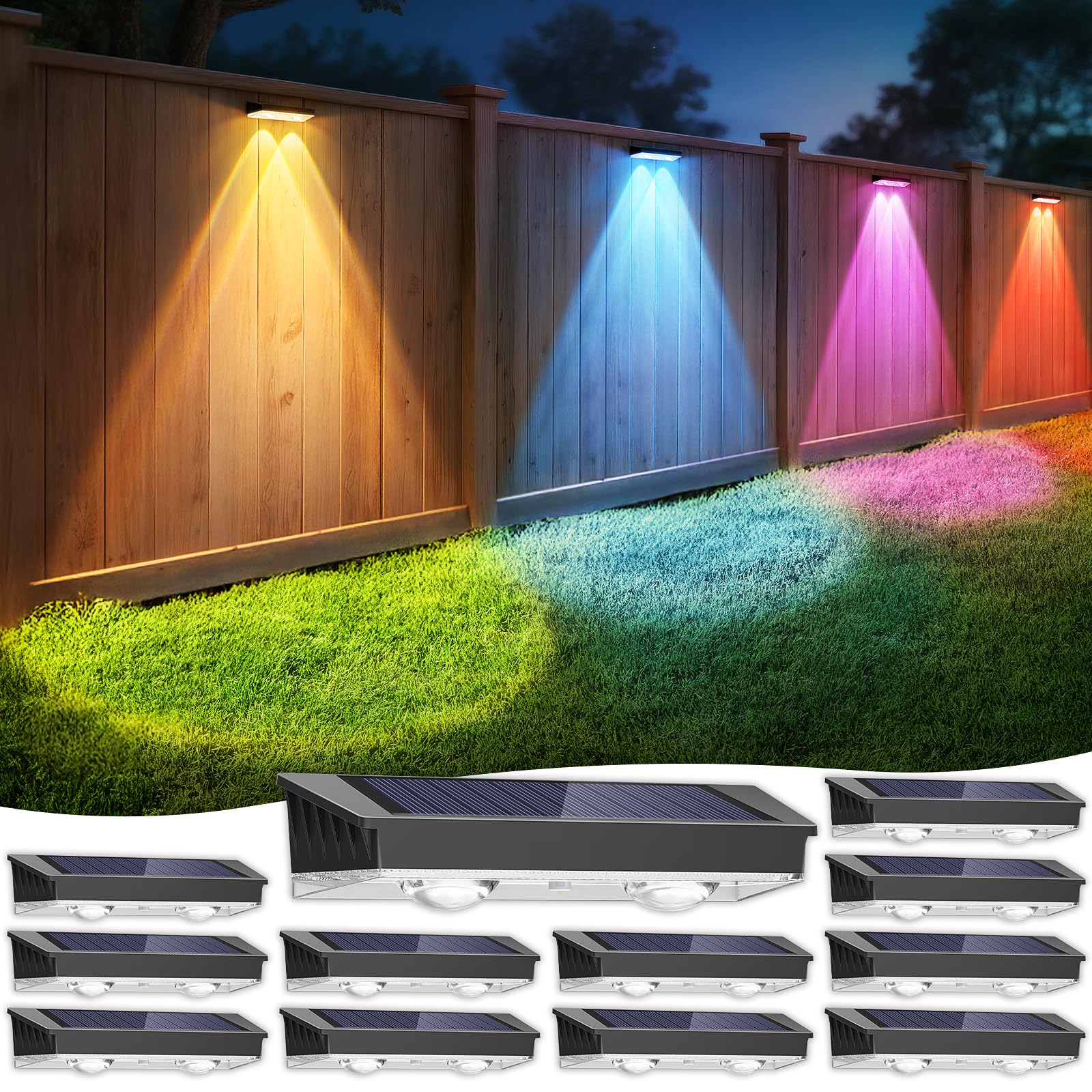APILAB Solar Fence Lights Outdoor 12 Pack, 7 Fixed Colors & Color Changing Fence Lights Solar Powered, IP65 Waterproof Backyard 