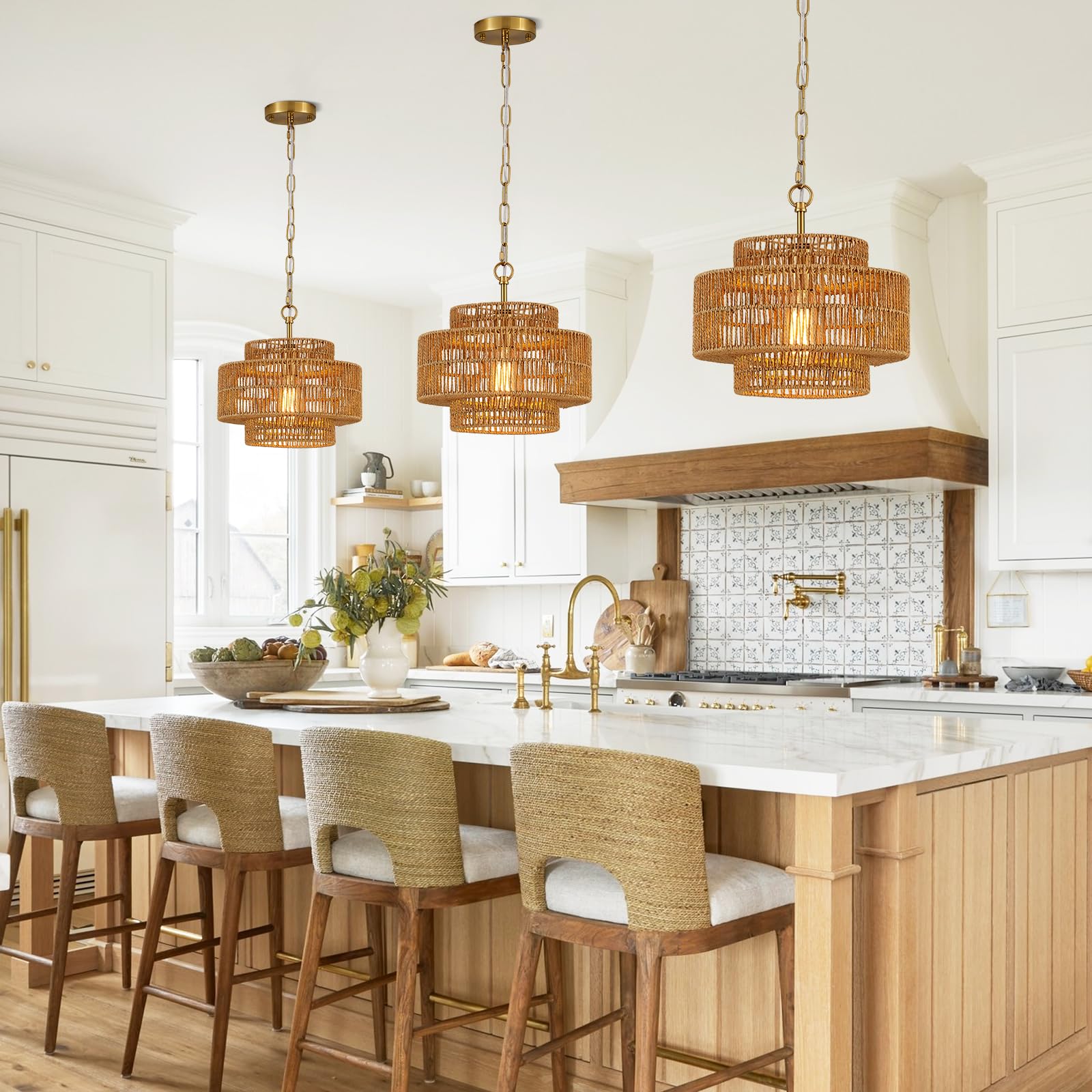 Tunkayli 12.6 Rattan Pendant Light Fixture Vintage Farmhouse Hand-Woven Boho Bamboo Pendant Lighting Mini Drum Wicker Golden Chandelier For Kitchen Island  Bedroom  Dining Room  Entryway  Foyer