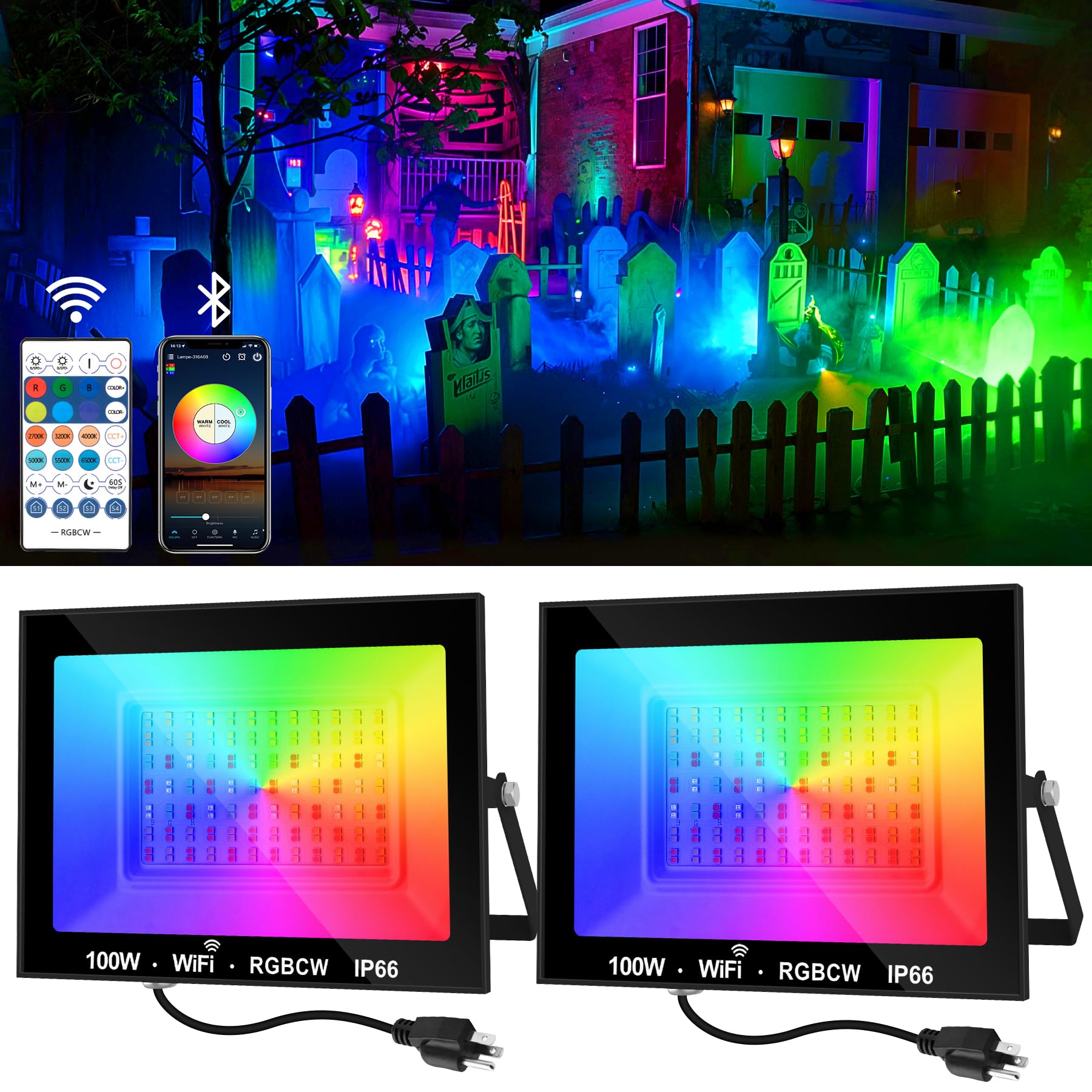 CREPOW RGB LED Flood Light Outdoor 1000W Equivalent, 100W Bluetooth RGBCW Smart Floodlights 2700K, 16 Million Color Changing, Ti