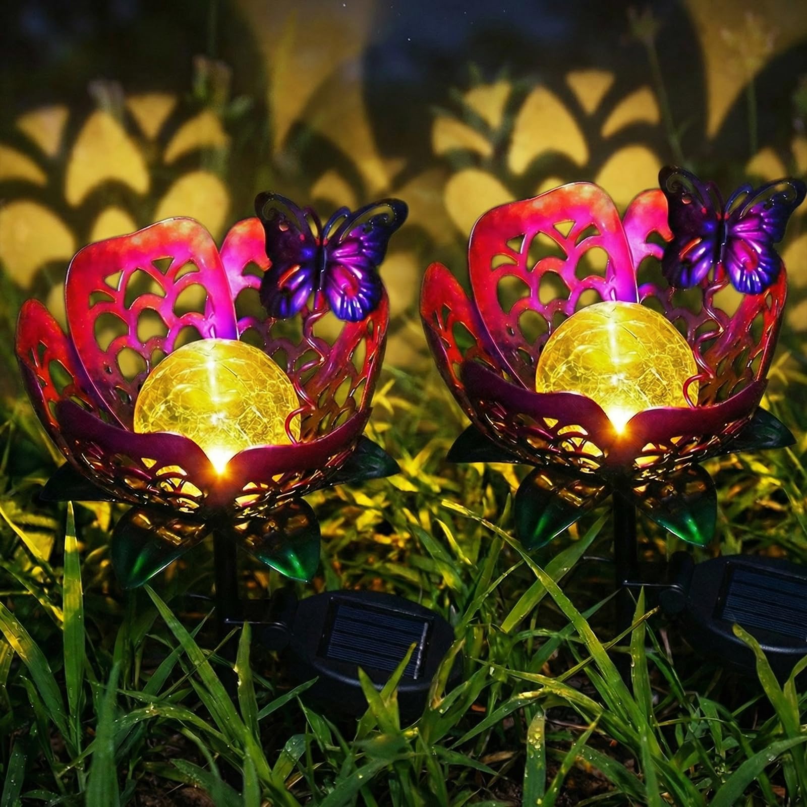Solar Path Light, 2 Pack Crackle Glass Globe LED Lights, Metal Butterfly Decorations Lights, Hollow Petal Tulip Stake Light for 