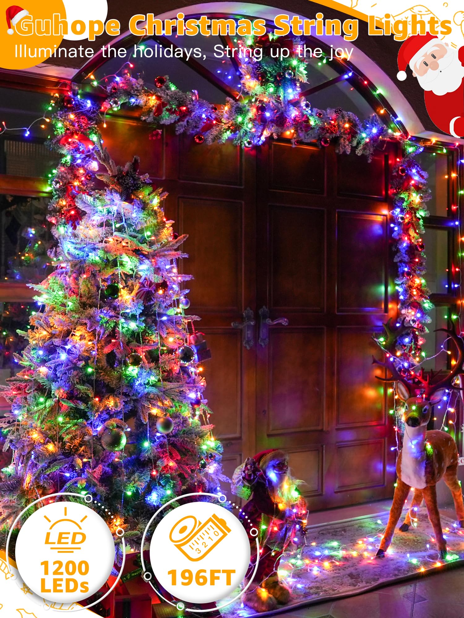 Guhope Christmas Lights 1200Led 196Ft, Waterproof Outdoor String Lights With Remote And Timer, 8 Modes Dimmable Fairy Lights For