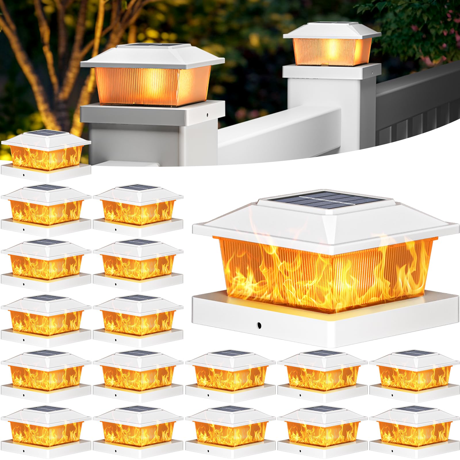 Btfarm 4X4 Solar Flame Post Cap Lights Outdoor  18 Pack Flickering Flame Deck Fence Post Lights  Waterproof Solar Powered Lighting Outside Fit 4X4 3.5X3.5 Wooden/Vinyl For Porch Patio Garden
