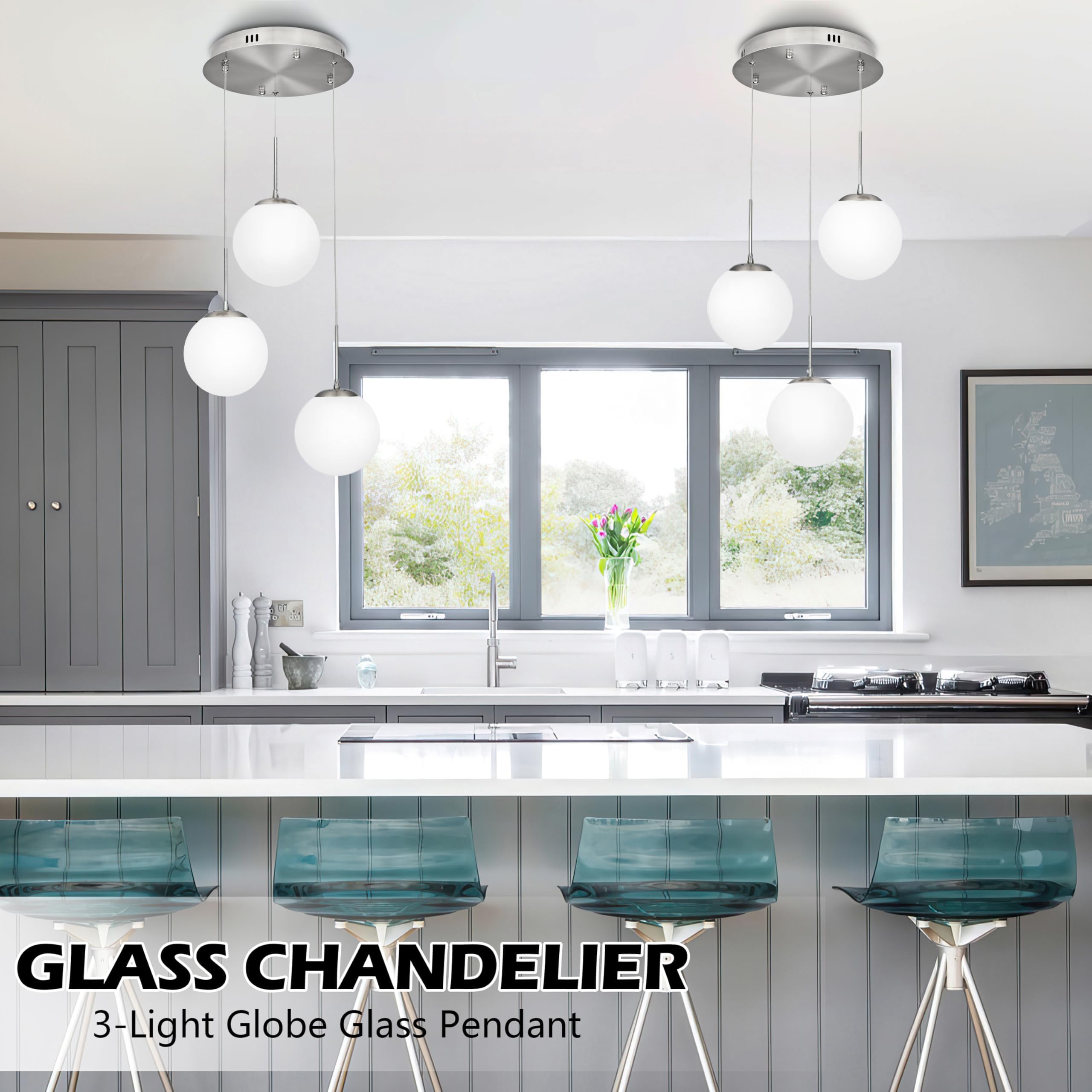 KoKo&Yukina 3-Light Globe Glass Pendant Light, Opal & Nickel, Adjustable Length, 11.8" Diameter, Model LT01-NN-3, Bulb & Remote