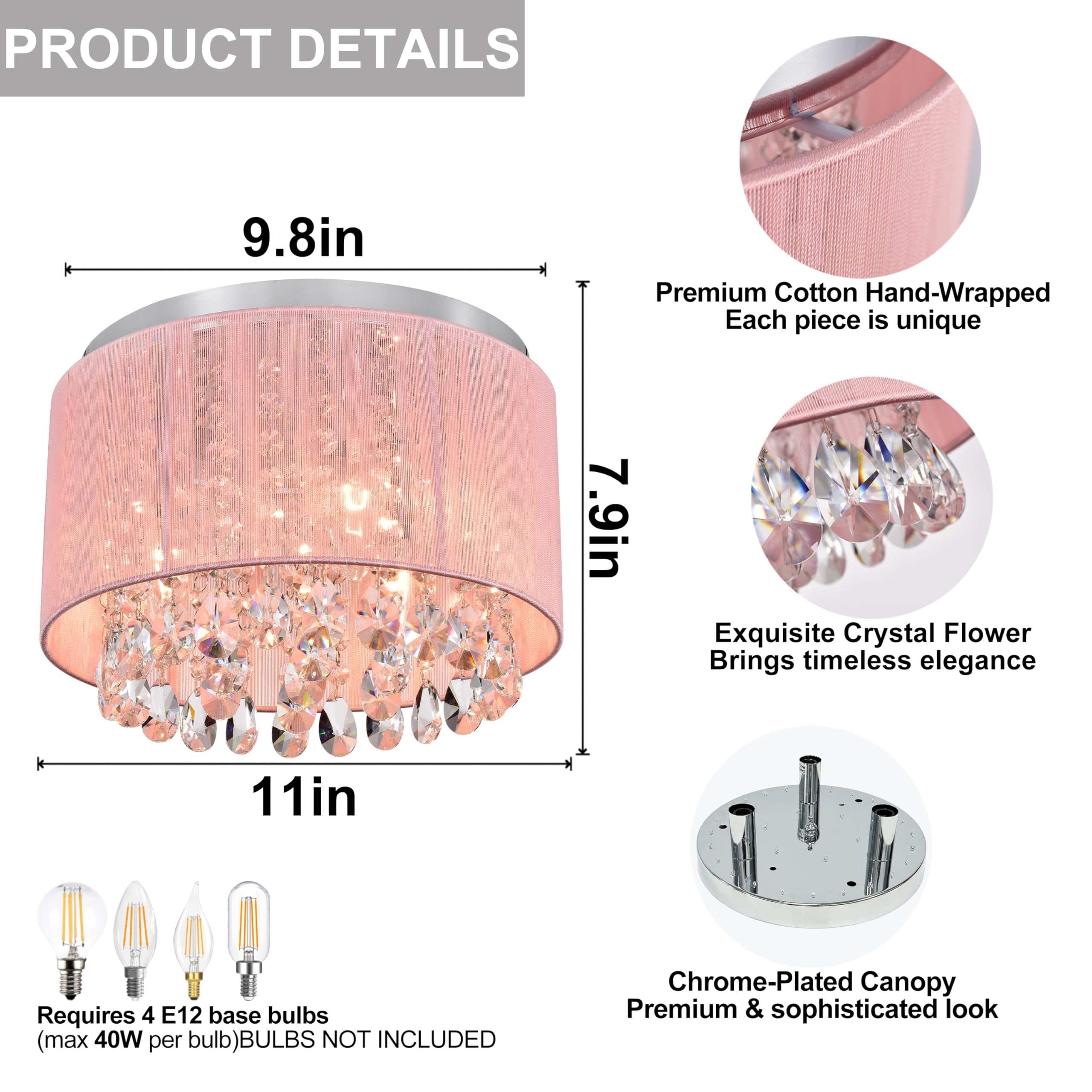 LaLuLa Pink Chandelier Drum Flush Mount Light Fixture - 3-Light 11" Round Crystal Ceiling Light for Girls Bedroom