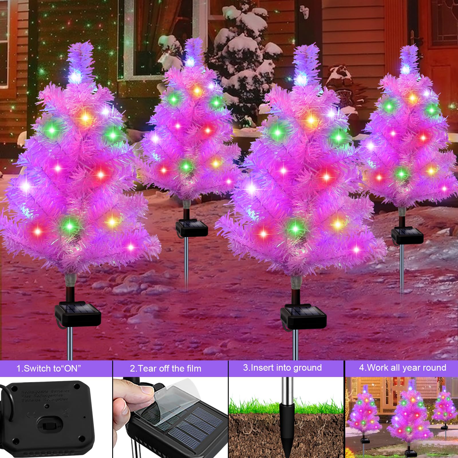 4 Pack Pink Solar Christmas Tree Garden Stake Light Waterproof Outdoor Christmas Decorations 2 Modes Solar Christmas Lights For Yard Front Porch Pathway Gave Garden Decor