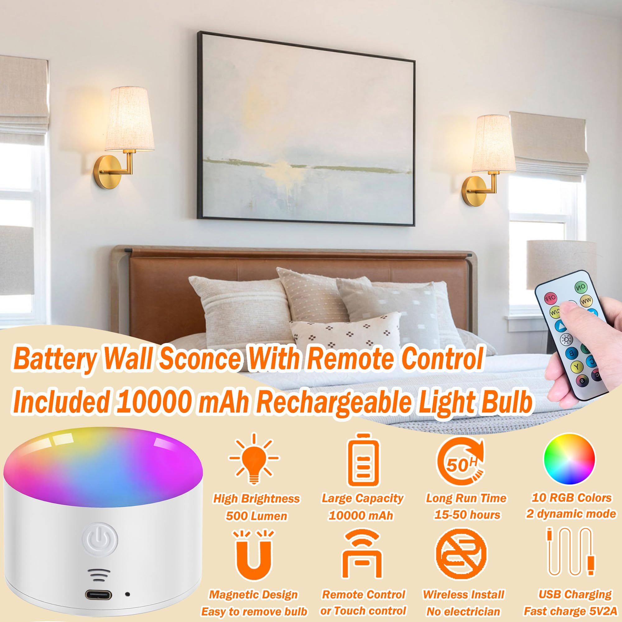 Wall Sconce Battery Operated Wall Light Fixure with Remote Control, Dimmable Battery Operated Wall Sconces Set Of Two, Indoor Wi